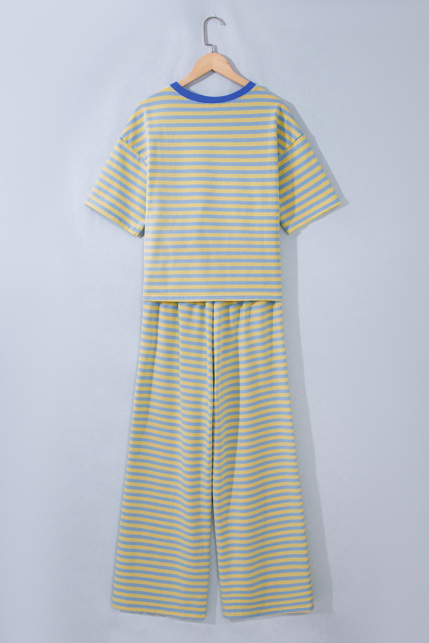 Pink Stripe Colorblock Trim Crew Neck Loose Tee Drawstring Elastic Waist 2pcs Pant Set-Two Piece Sets/Pant Sets-[Adult]-[Female]-2022 Online Blue Zone Planet