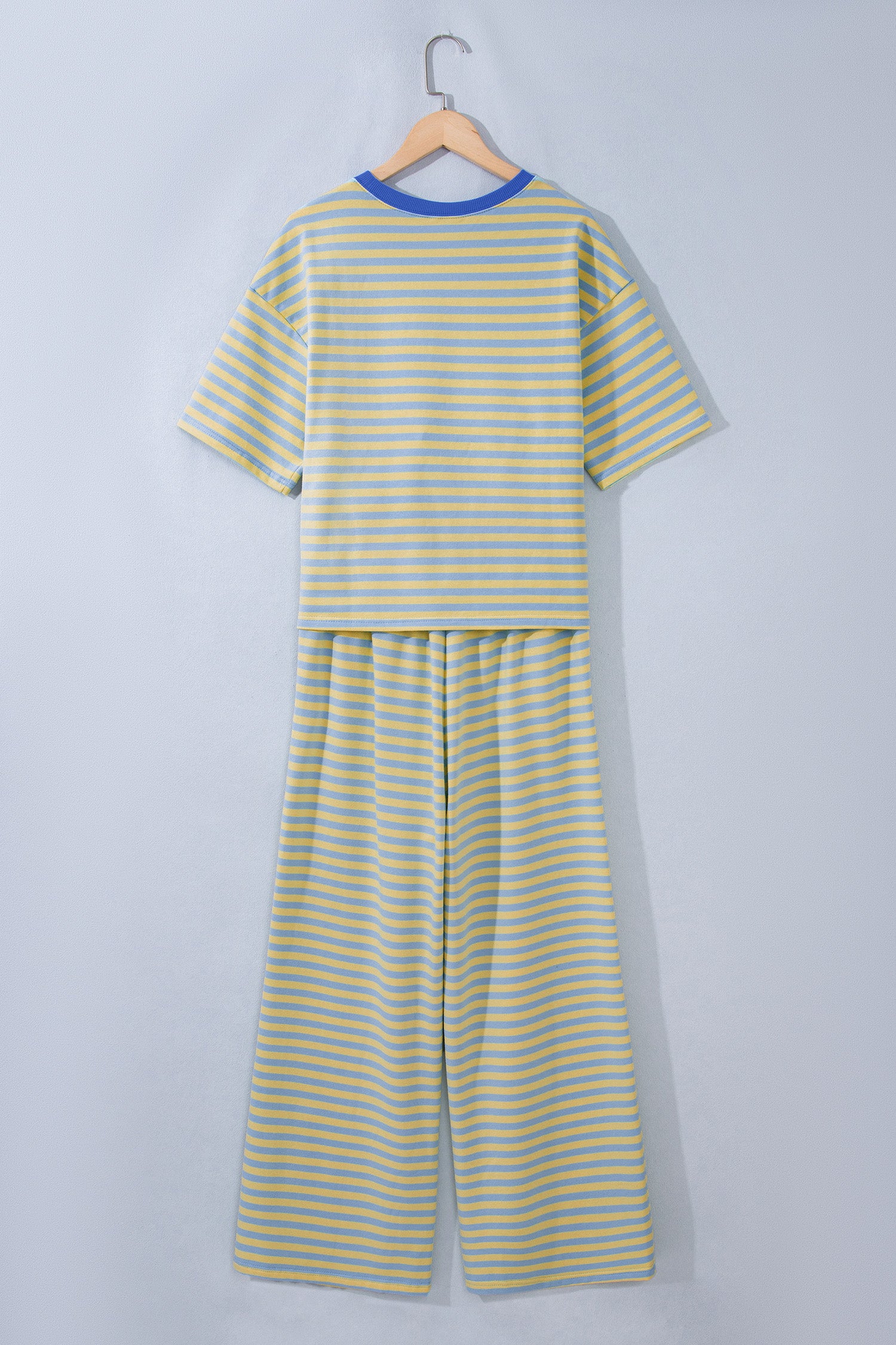 Pink Stripe Colorblock Trim Crew Neck Loose Tee Drawstring Elastic Waist 2pcs Pant Set-Two Piece Sets/Pant Sets-[Adult]-[Female]-2022 Online Blue Zone Planet
