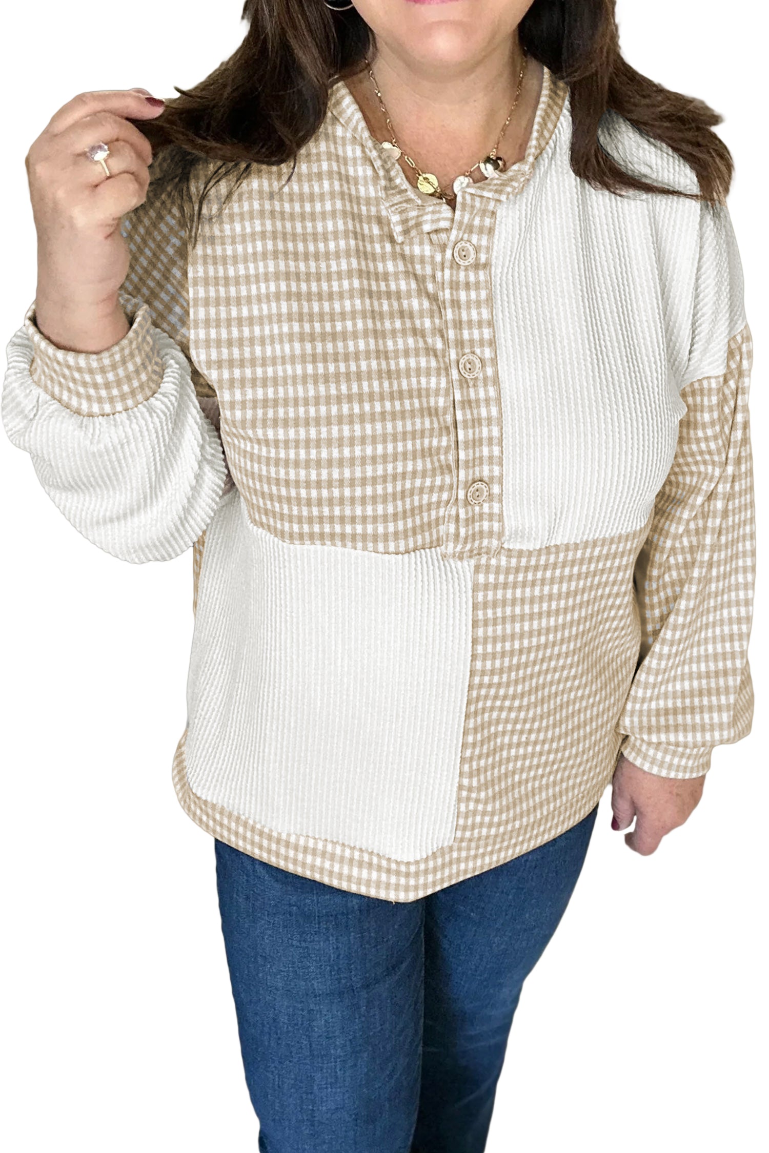 Khaki Patchwork Checkered Long Sleeve Round Neck Plus Size Blouse-Plus Size/Plus Size Tops/Plus Size Long Sleeve Tops-[Adult]-[Female]-2022 Online Blue Zone Planet