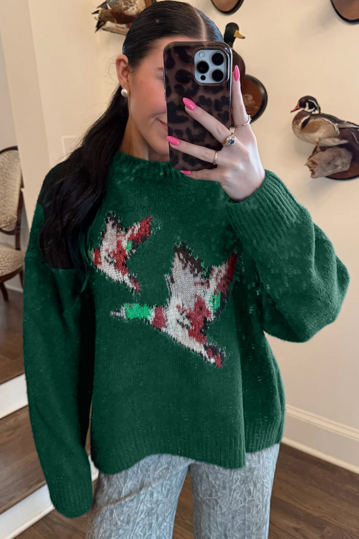 Green Wild Mallard Drop Shoulder Round Neck Long Sleeve Pullover Sweater-Sweaters & Cardigans/Sweaters-[Adult]-[Female]-2022 Online Blue Zone Planet