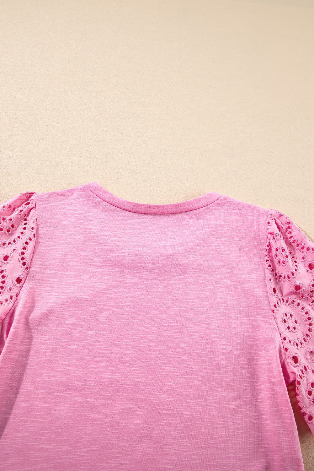 Pink Eyelet Embroidery Scalloped Sleeve Round Neck T Shirt-Tops/Tops & Tees-[Adult]-[Female]-2022 Online Blue Zone Planet