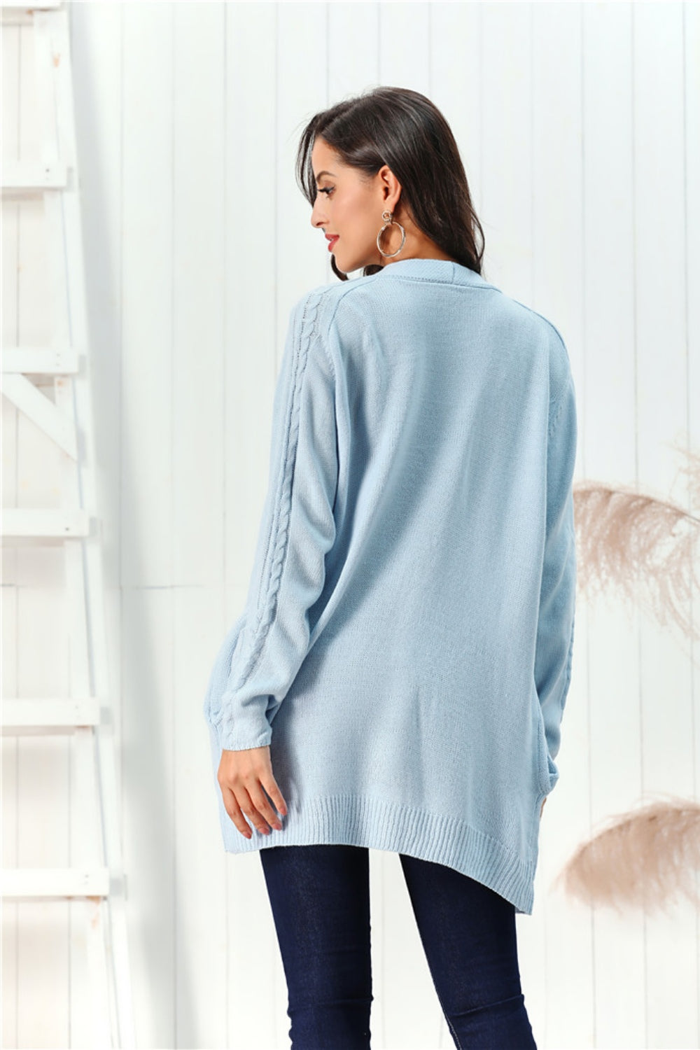 Cable-Knit Open Front Long Sleeve Cardigan-NEW ARRIVALS-[Adult]-[Female]-Light Blue-S-2022 Online Blue Zone Planet