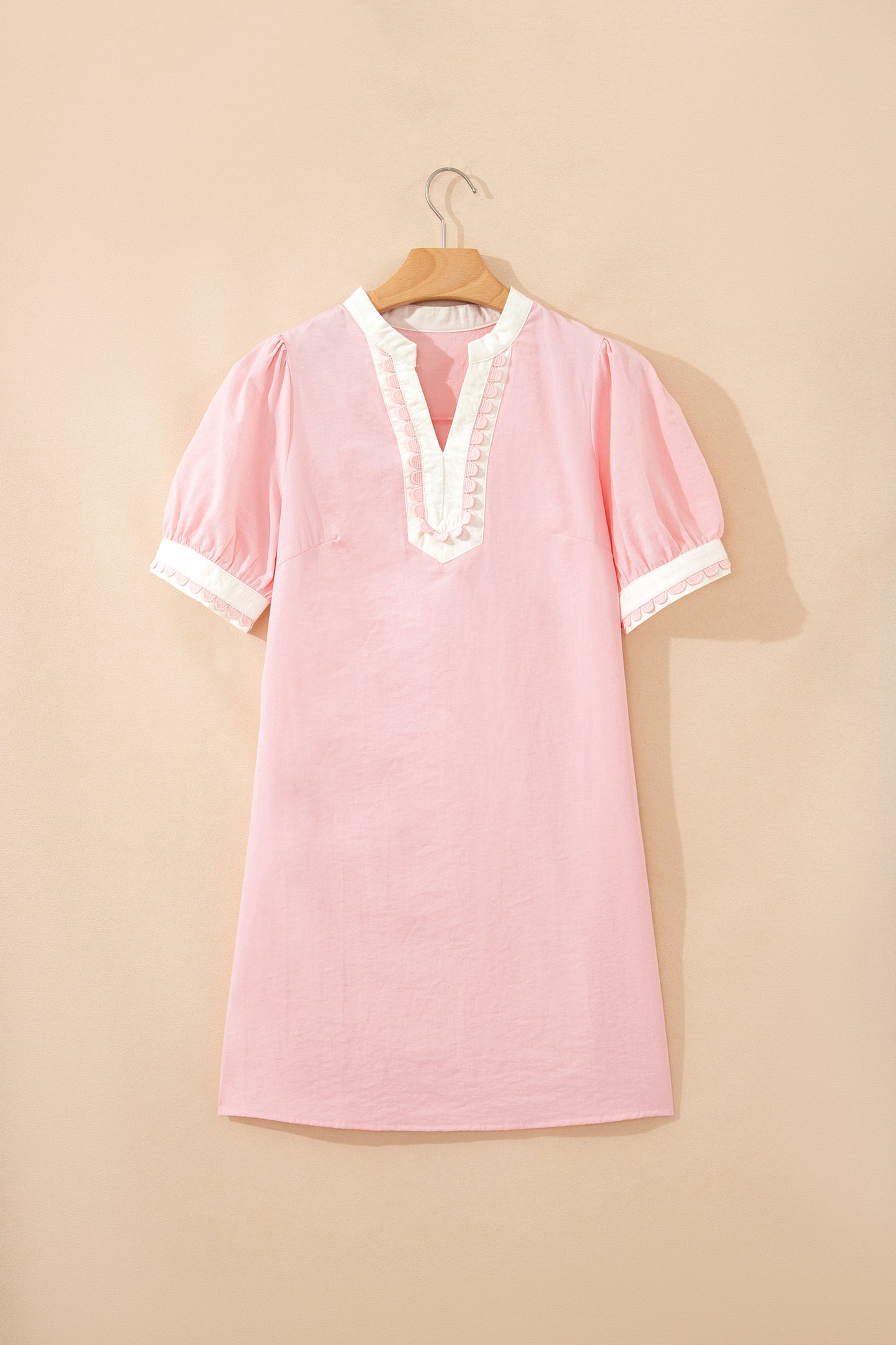 Light Pink Scallop Color Block Trim Puff Sleeve Mini Dress-TOPS / DRESSES-[Adult]-[Female]-2022 Online Blue Zone Planet