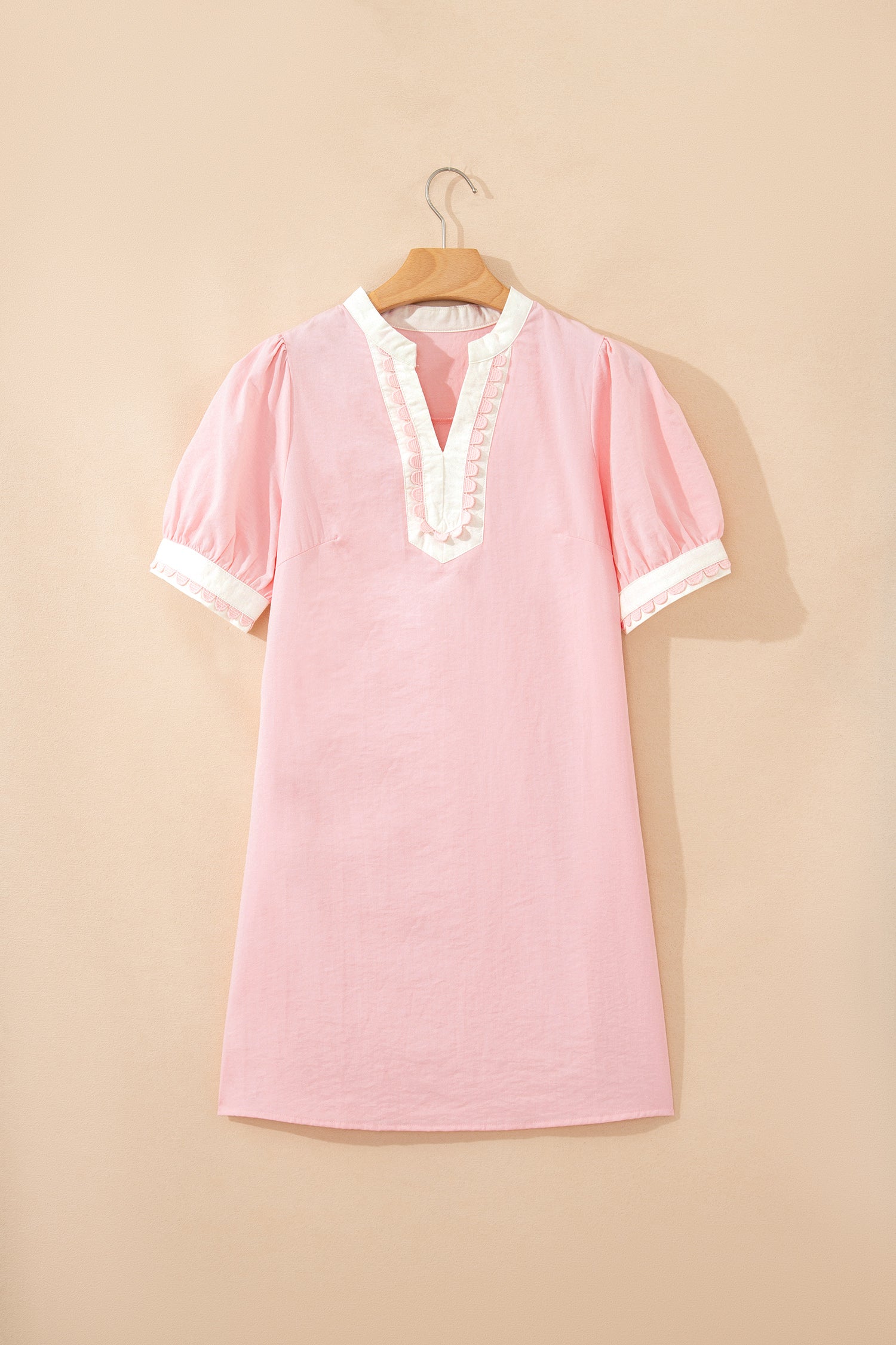 Light Pink Scallop Color Block Trim Puff Sleeve Mini Dress-TOPS / DRESSES-[Adult]-[Female]-2022 Online Blue Zone Planet