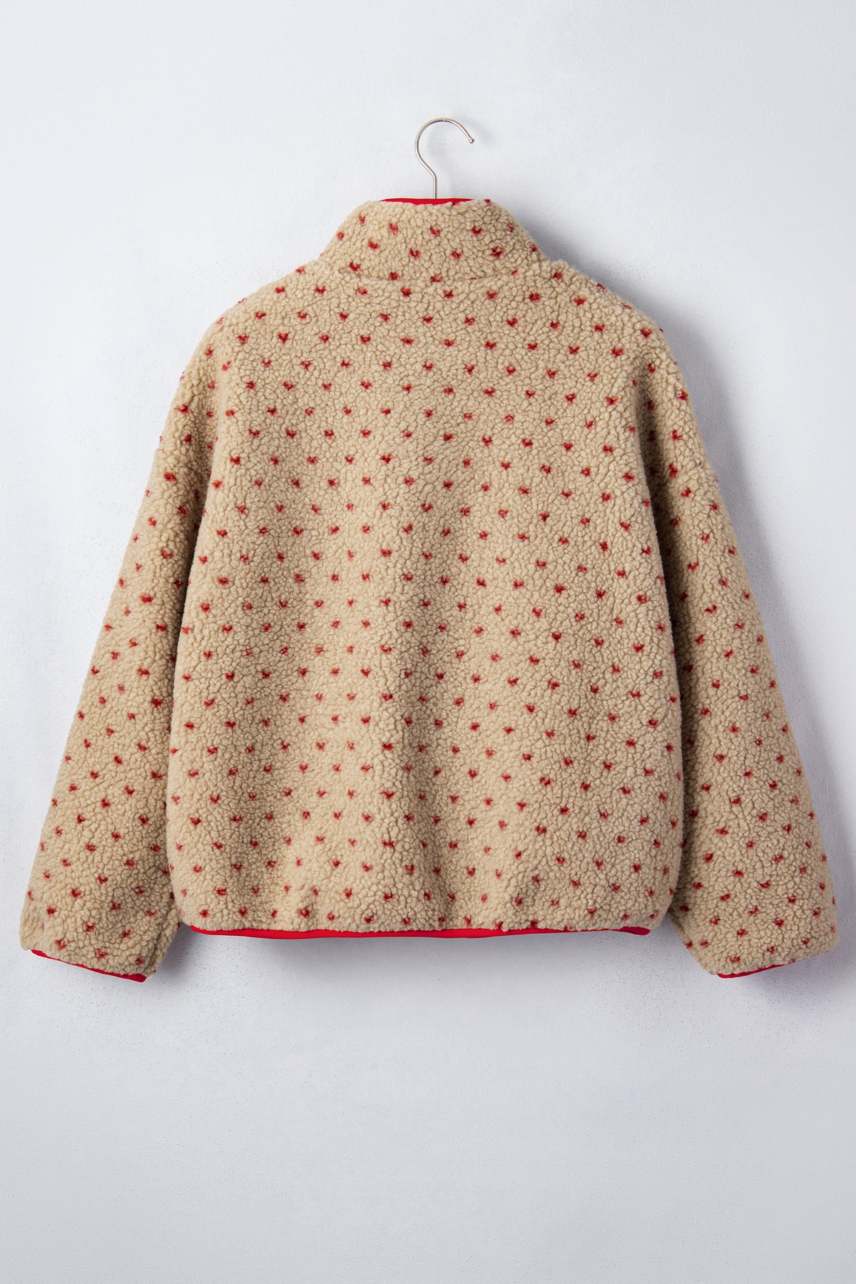 Khaki Heart Pattern Fleece Colorblock Collar Long Sleeve Sweatshirt-Tops/Sweatshirts & Hoodies-[Adult]-[Female]-2022 Online Blue Zone Planet
