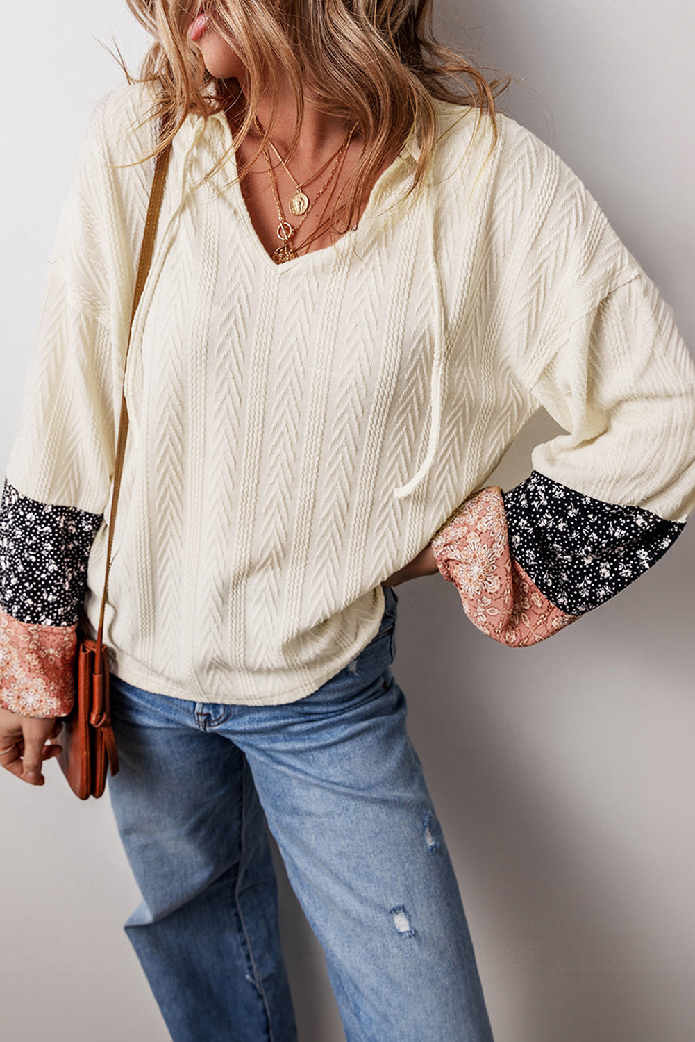 Blue Zone Planet | Dusty Pink Floral Patchwork Textured Knit Drawstring V Neck Blouse-Tops/Blouses & Shirts-[Adult]-[Female]-2022 Online Blue Zone Planet