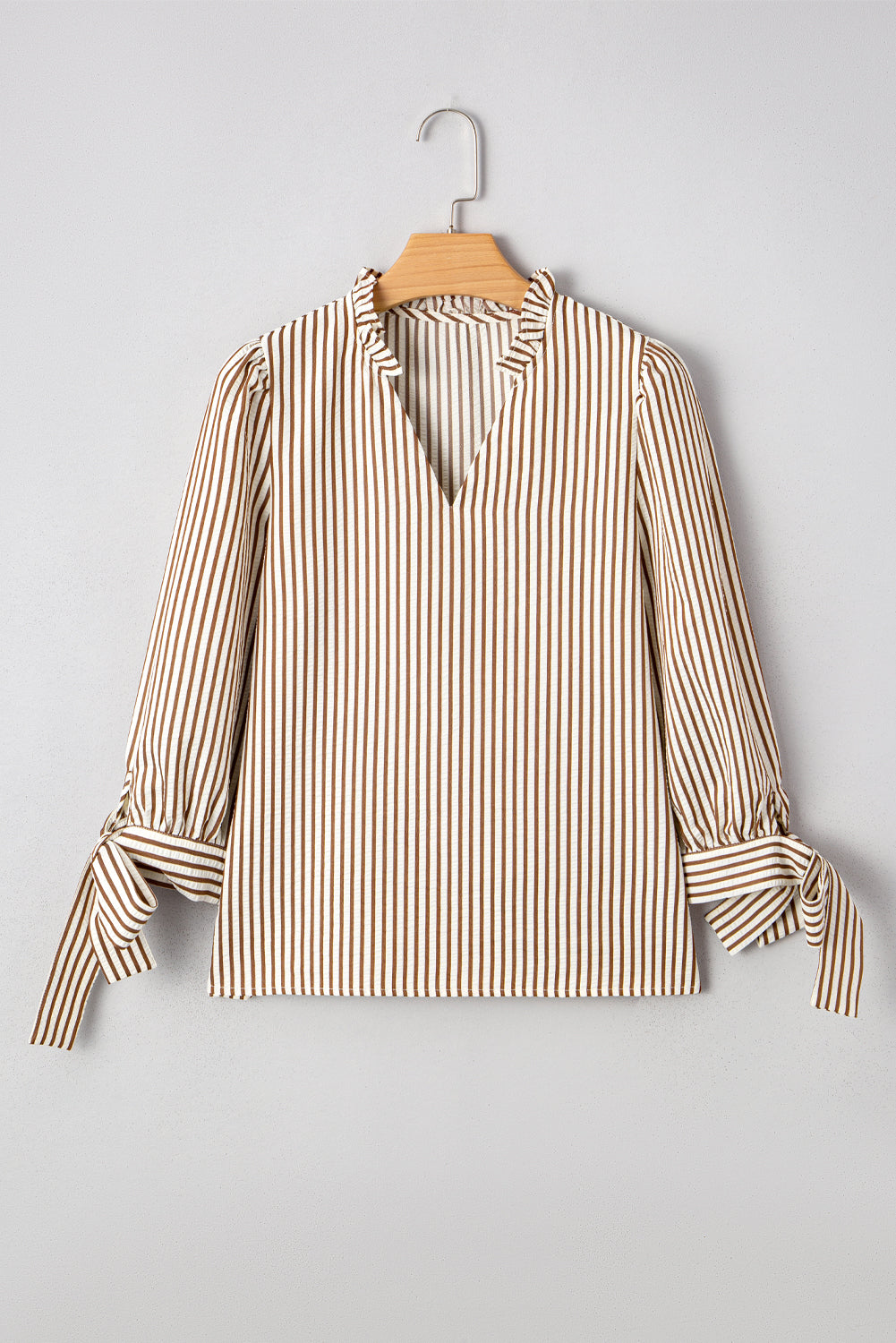 Straw Yellow Striped Print Tied Cuffs Split Neck Seersucker Blouse-Tops/Blouses & Shirts-[Adult]-[Female]-2022 Online Blue Zone Planet
