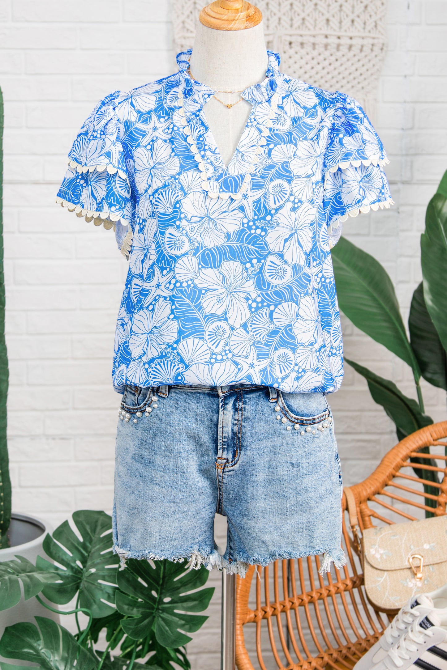 Sky Blue Oceanic Floral Print Scalloped Trim V Neck Short Sleeve Blouse-Tops/Blouses & Shirts-[Adult]-[Female]-2022 Online Blue Zone Planet