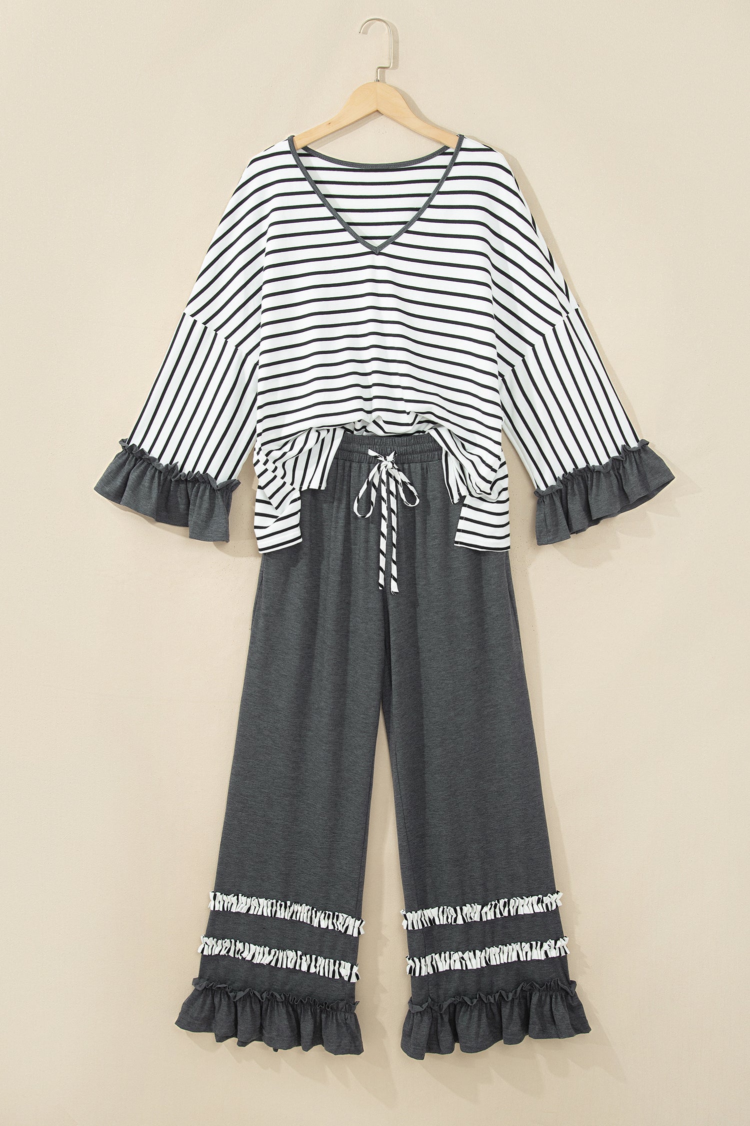 Gray Stripe V Neck Ruffle Contrast Sleeve Top Drawstring Pants 2pcs Set-Two Piece Sets/Pant Sets-[Adult]-[Female]-2022 Online Blue Zone Planet