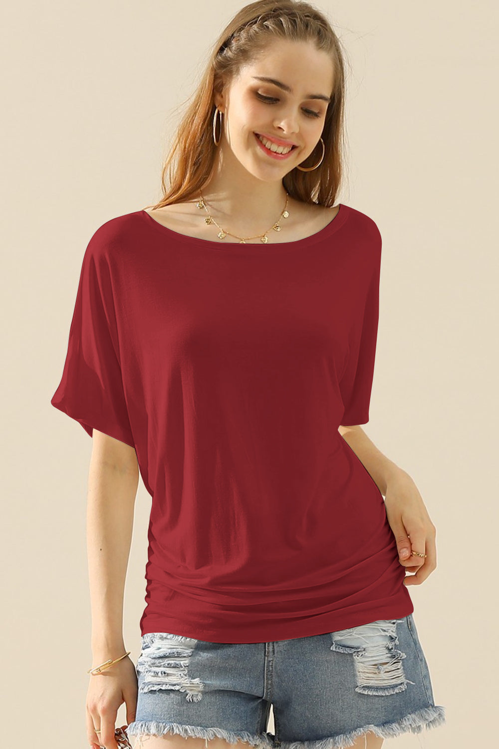 Ninexis Boat Neck Short Sleeve Ruched Side Top-TOPS / DRESSES-[Adult]-[Female]-2022 Online Blue Zone Planet