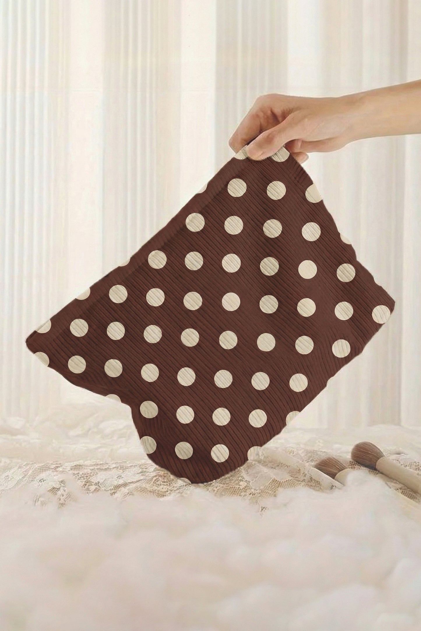 Coffee Polka Dot Printed Corduroy Storage Makeup Bag