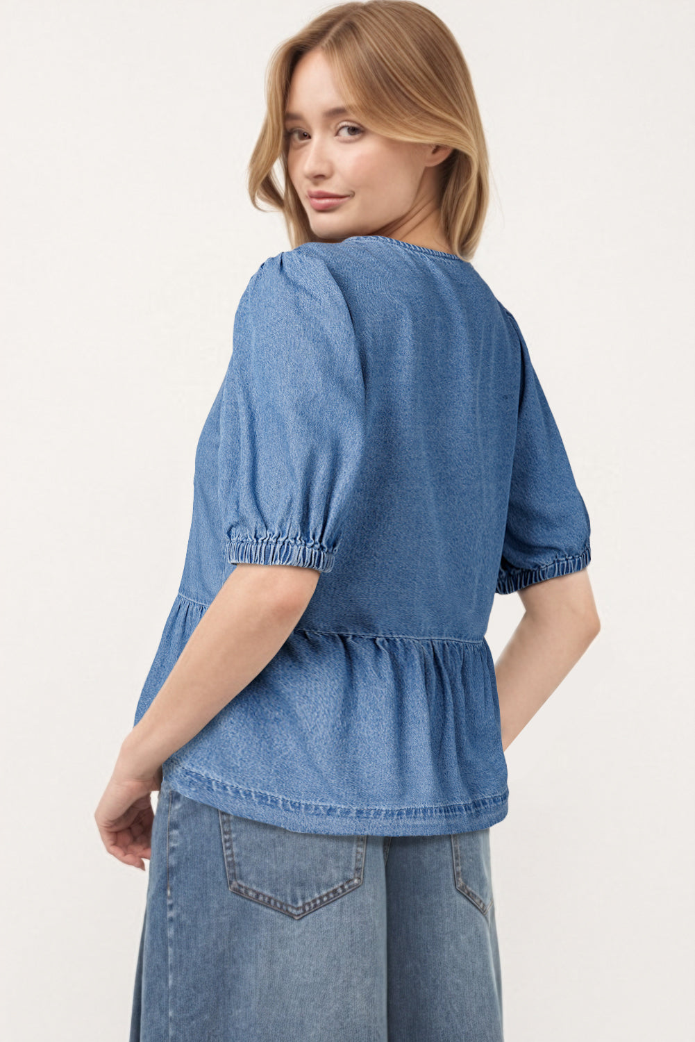 Dusk Blue Tied Front Bubble Sleeve Peplum Denim Shirt-Tops/Blouses & Shirts-[Adult]-[Female]-2022 Online Blue Zone Planet