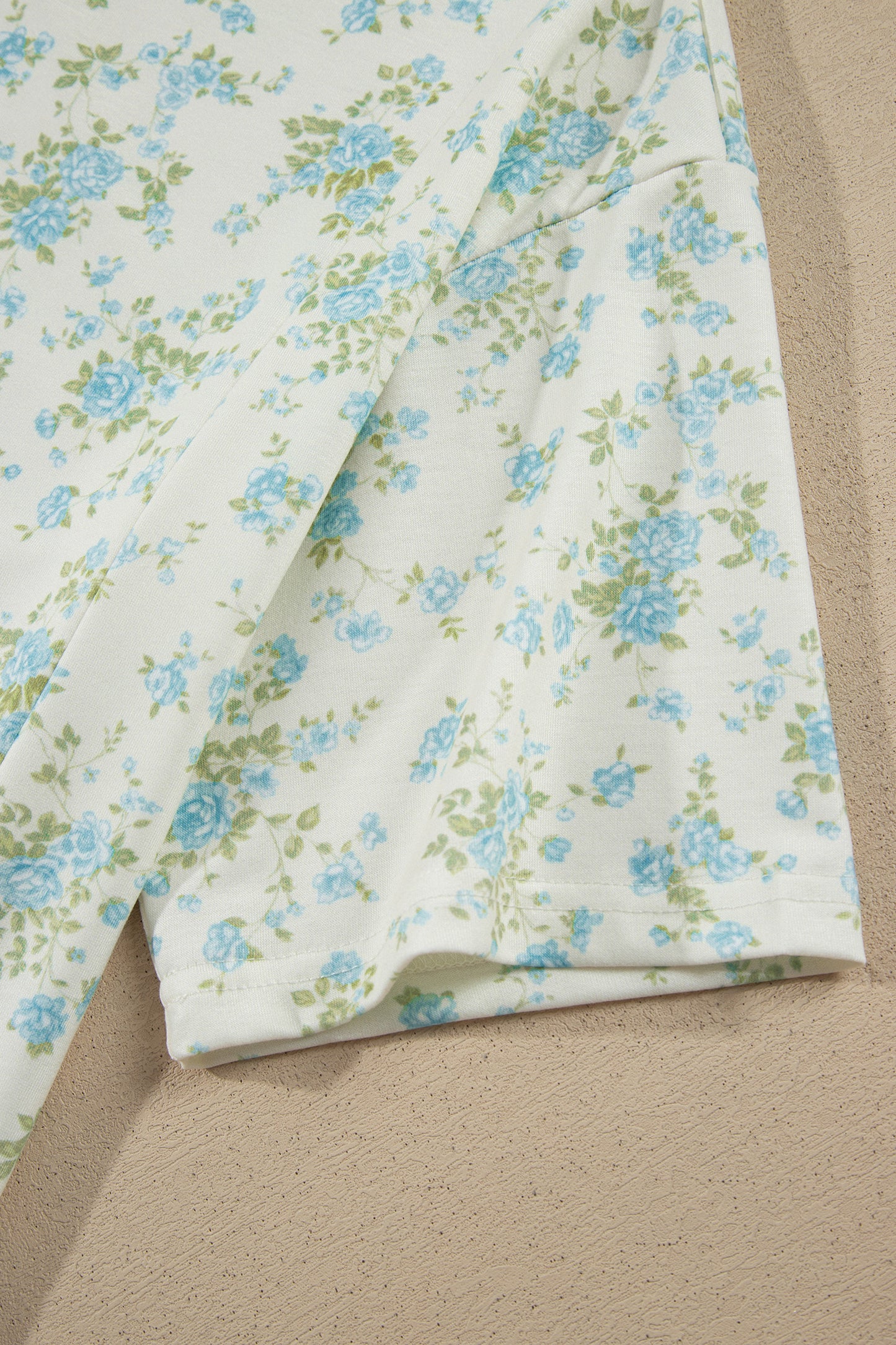 Sky Blue Floral Print Short Sleeve Elastic Waist Pocket Two Piece Set-Two Piece Sets/Short Sets-[Adult]-[Female]-2022 Online Blue Zone Planet