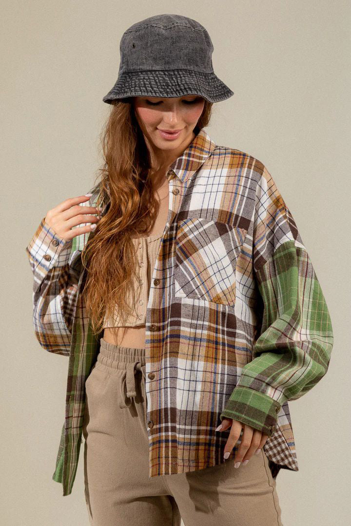 Plaid Collared Neck Long Sleeve Shirt-TOPS / DRESSES-[Adult]-[Female]-2022 Online Blue Zone Planet