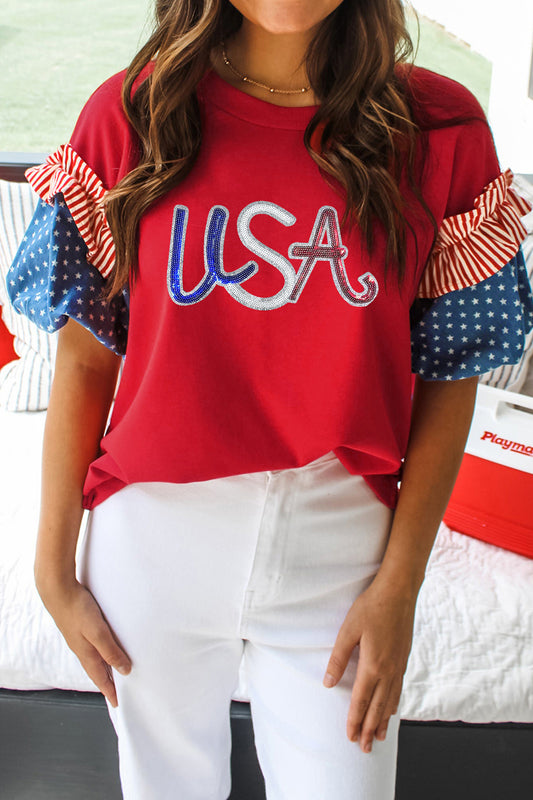 Fiery Red Sequin USA Lettering Patriotic Contrast Splicing Sleeve Top-Graphic/Graphic Tees-[Adult]-[Female]-Fiery Red-S-2022 Online Blue Zone Planet
