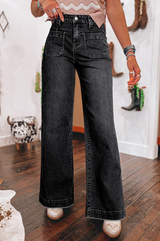 Black Wide Leg Pocketed High Waist Jeans-Bottoms/Jeans-[Adult]-[Female]-2022 Online Blue Zone Planet