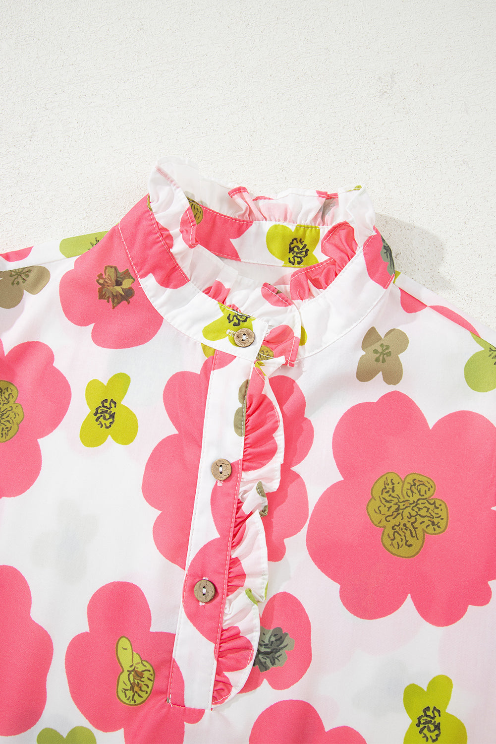 Pink Floral Ruffle Short Sleeve Striped Buttoned Collar Blouse-Tops/Blouses & Shirts-[Adult]-[Female]-2022 Online Blue Zone Planet