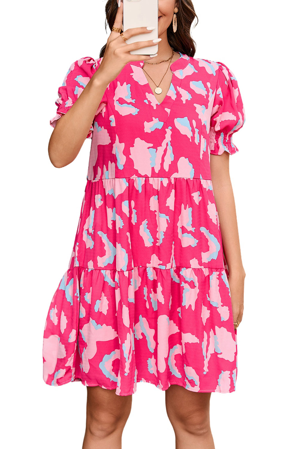 Pink Abstract Printed Puff Short Sleeve Tiered Loose Dress-Dresses/Mini Dresses-[Adult]-[Female]-2022 Online Blue Zone Planet