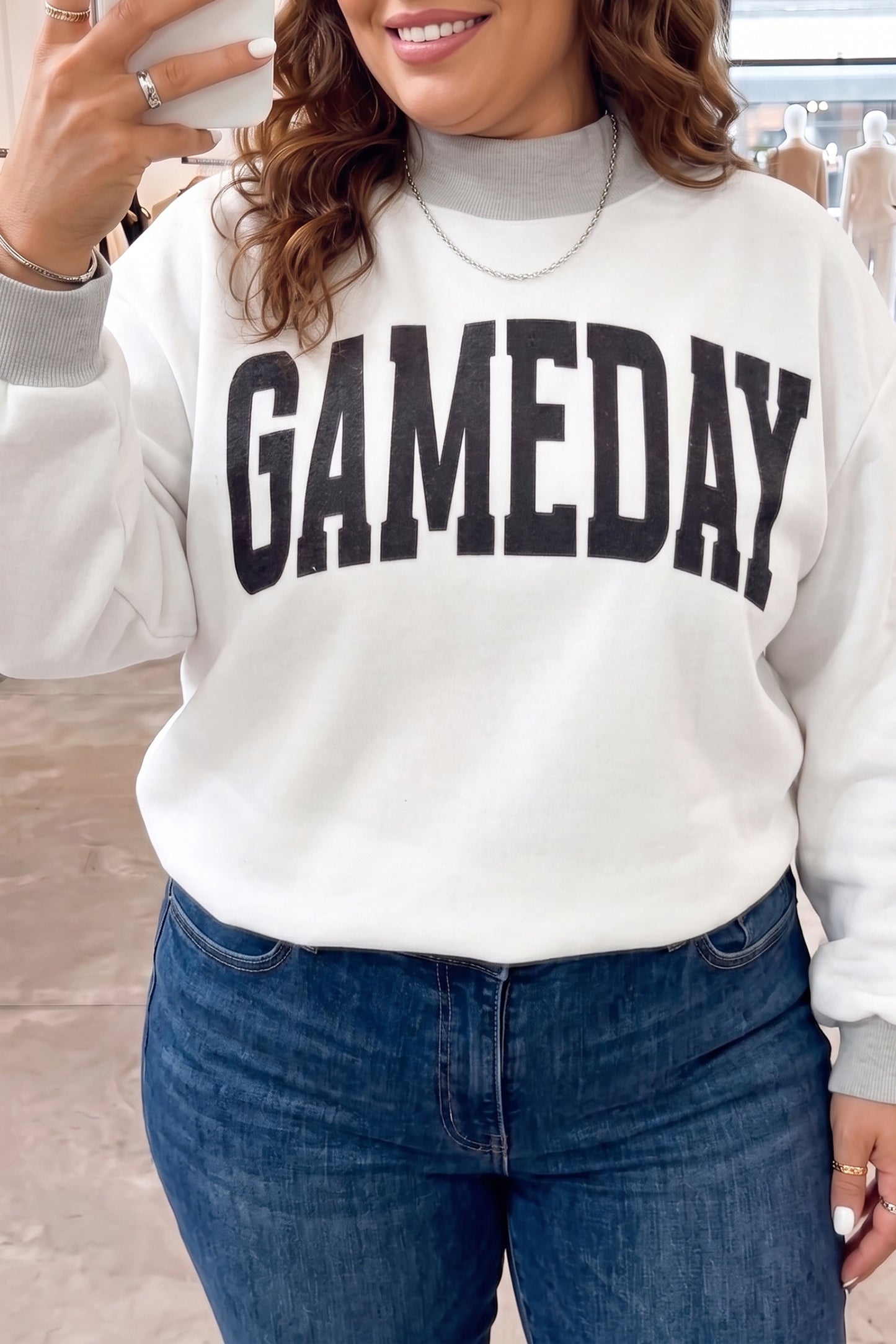 Light Grey GAME DAY/ FOOTBALL Letter Print Reversible Plus Size Sweatshirt-Plus Size/Plus Size Sweatshirts & Hoodies-[Adult]-[Female]-2022 Online Blue Zone Planet