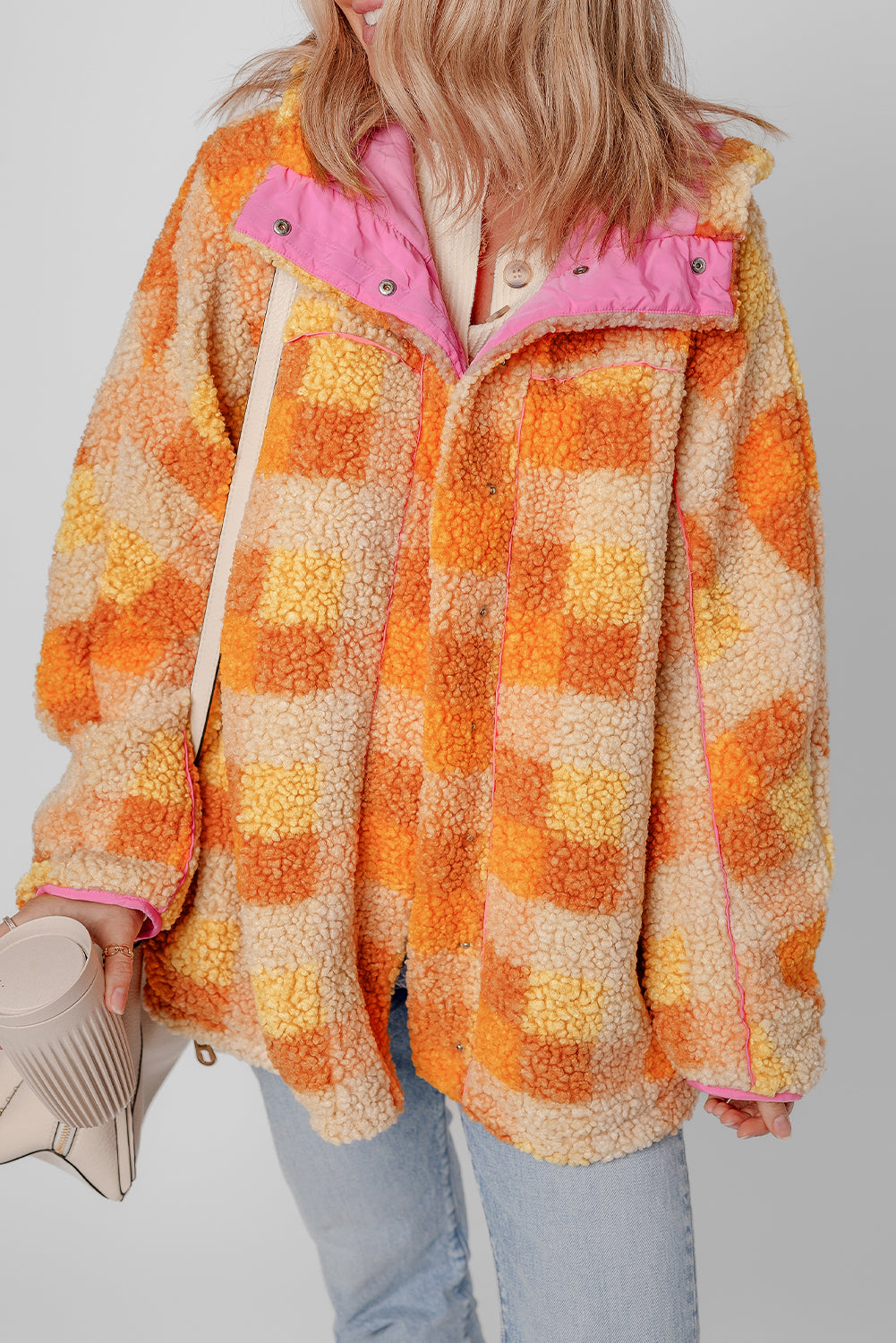 Blue Zone Planet | Ronda's Orange Checkered Sherpa Hooded Jacket-TOPS / DRESSES-[Adult]-[Female]-2022 Online Blue Zone Planet