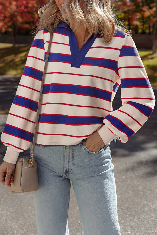 Blue Stripe Color Block Polo Pullover Sweatshirt-Tops/Sweatshirts & Hoodies-[Adult]-[Female]-Blue Stripe-S-2022 Online Blue Zone Planet