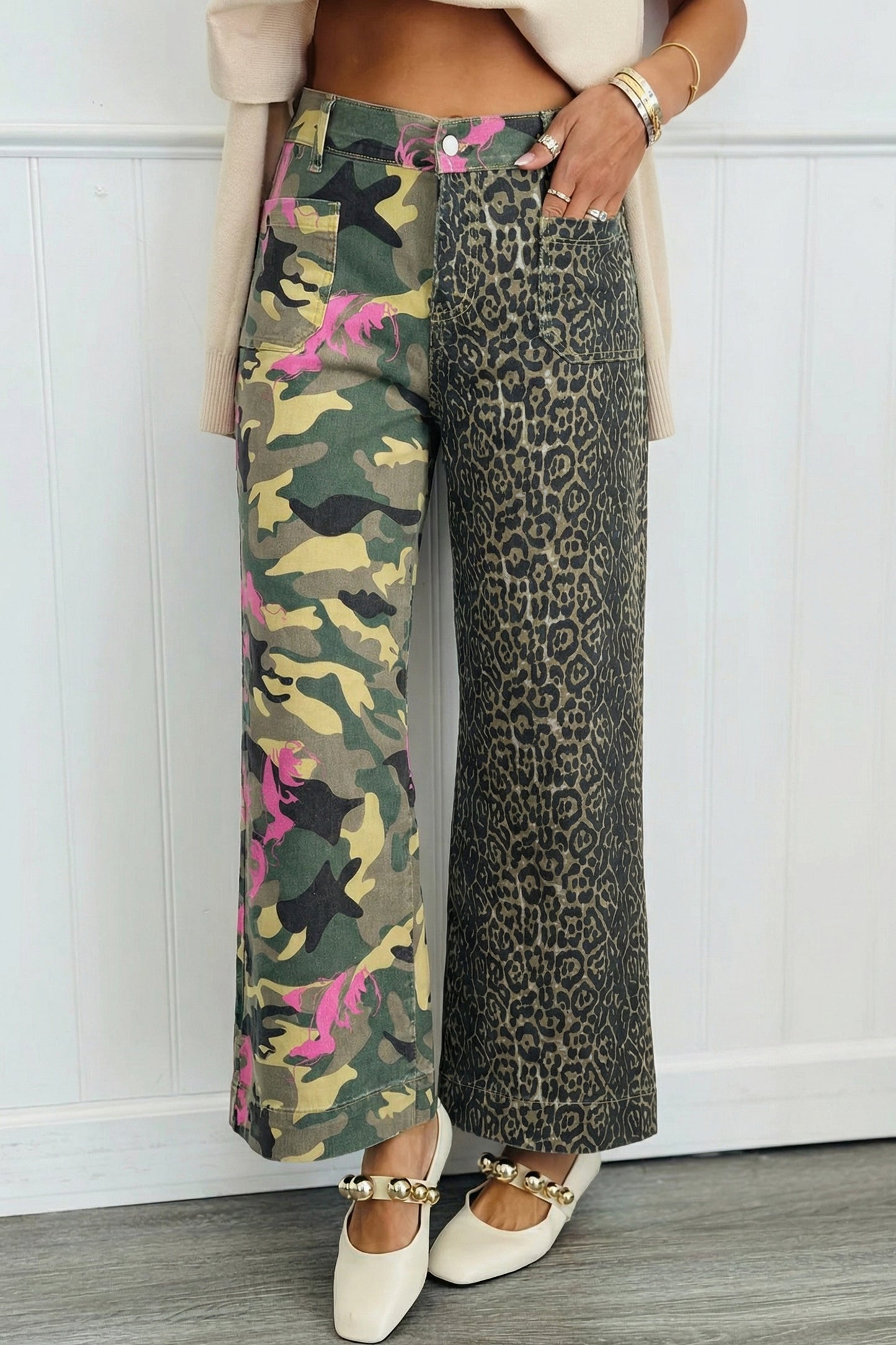 Multicolour Abstract Camouflage Print Contrast Leopard Patchwork Straight Leg Jeans-Bottoms/Jeans-[Adult]-[Female]-Multicolour-4-2022 Online Blue Zone Planet