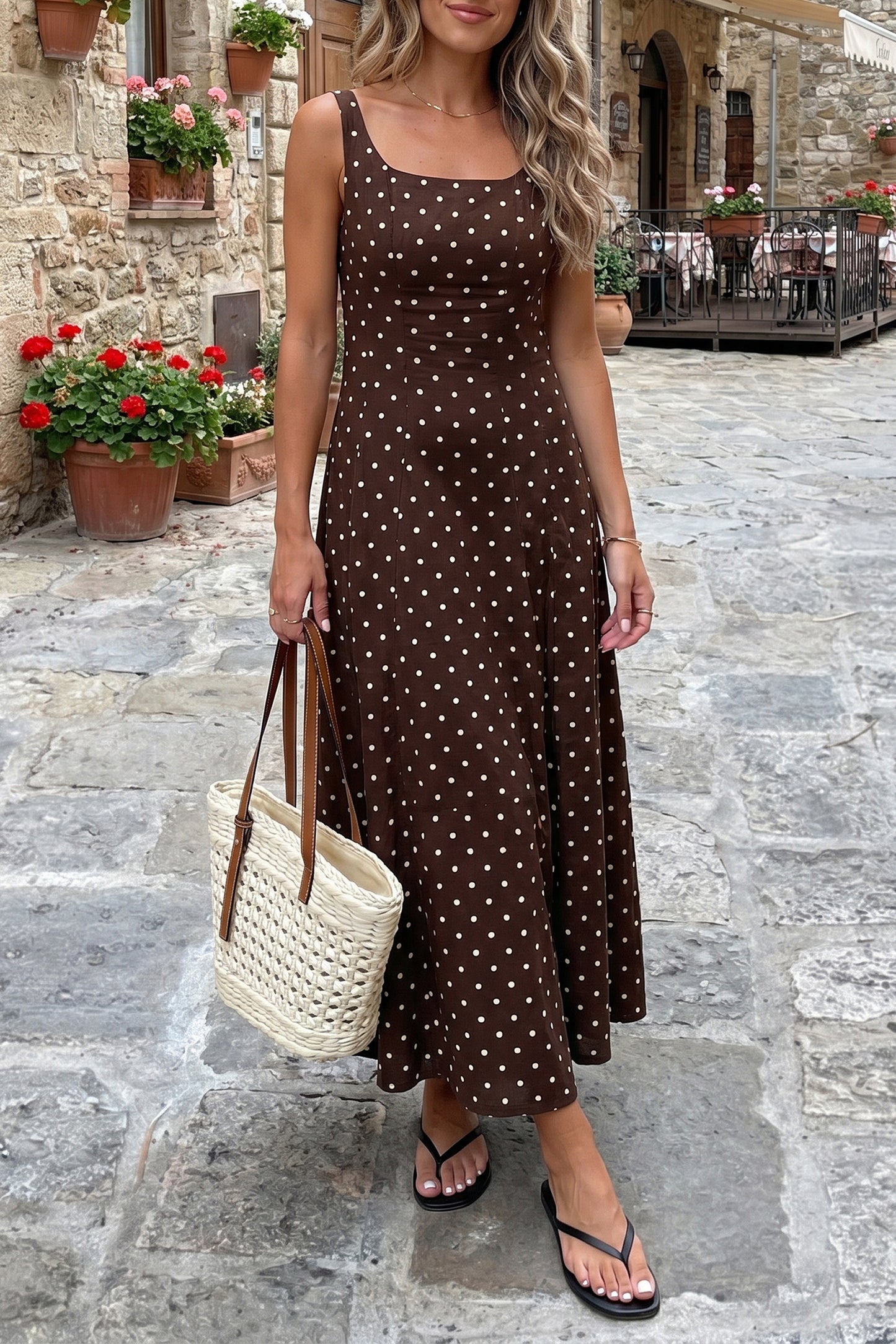 Brown Polka Dot Print Square Neck Sleeveless Vacation Long Dress-TOPS / DRESSES-[Adult]-[Female]-Brown-S-2022 Online Blue Zone Planet