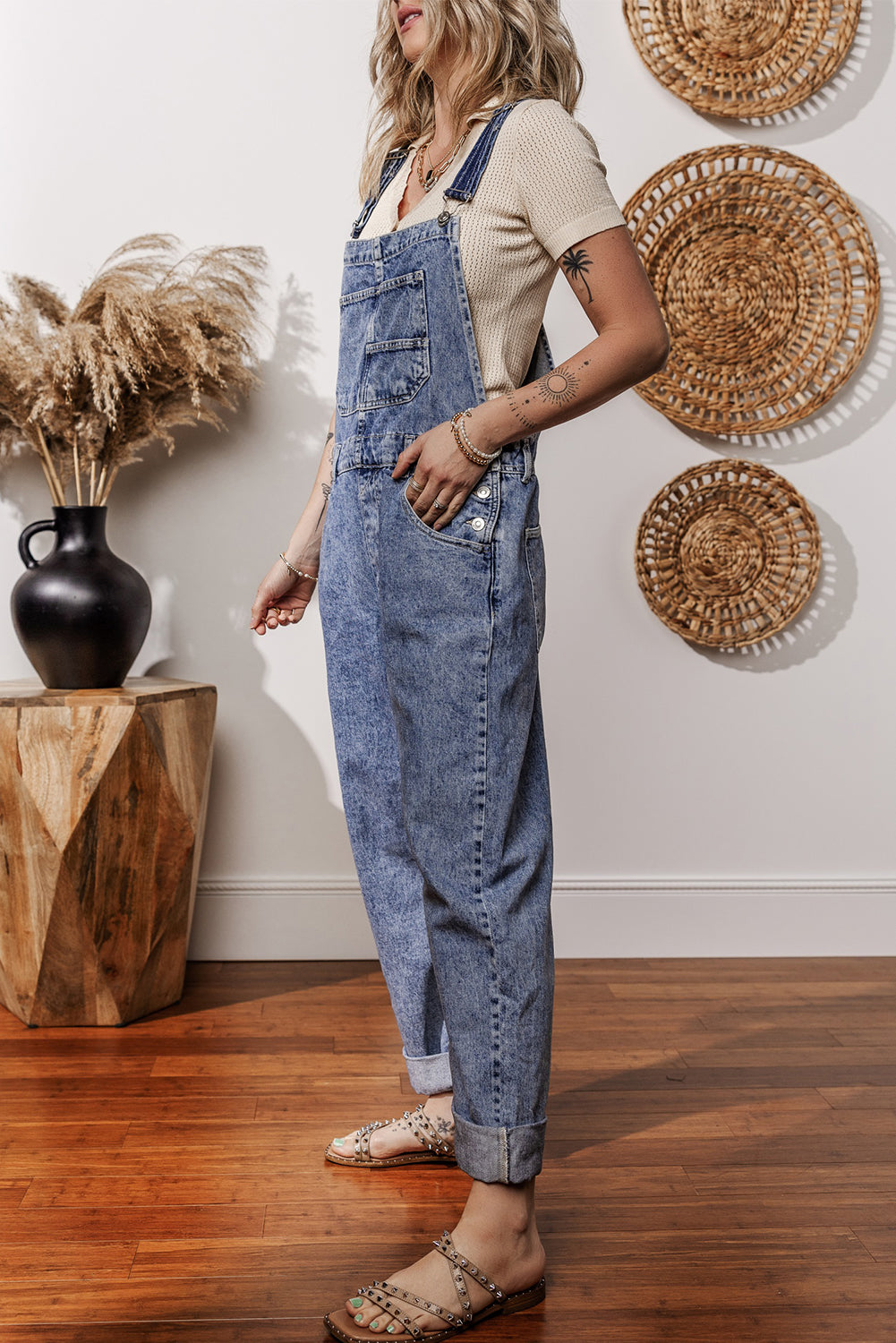 Sail Blue Denim Bib Straight Leg Jumpsuit with Pockets-Bottoms/Jumpsuits & Rompers-[Adult]-[Female]-2022 Online Blue Zone Planet