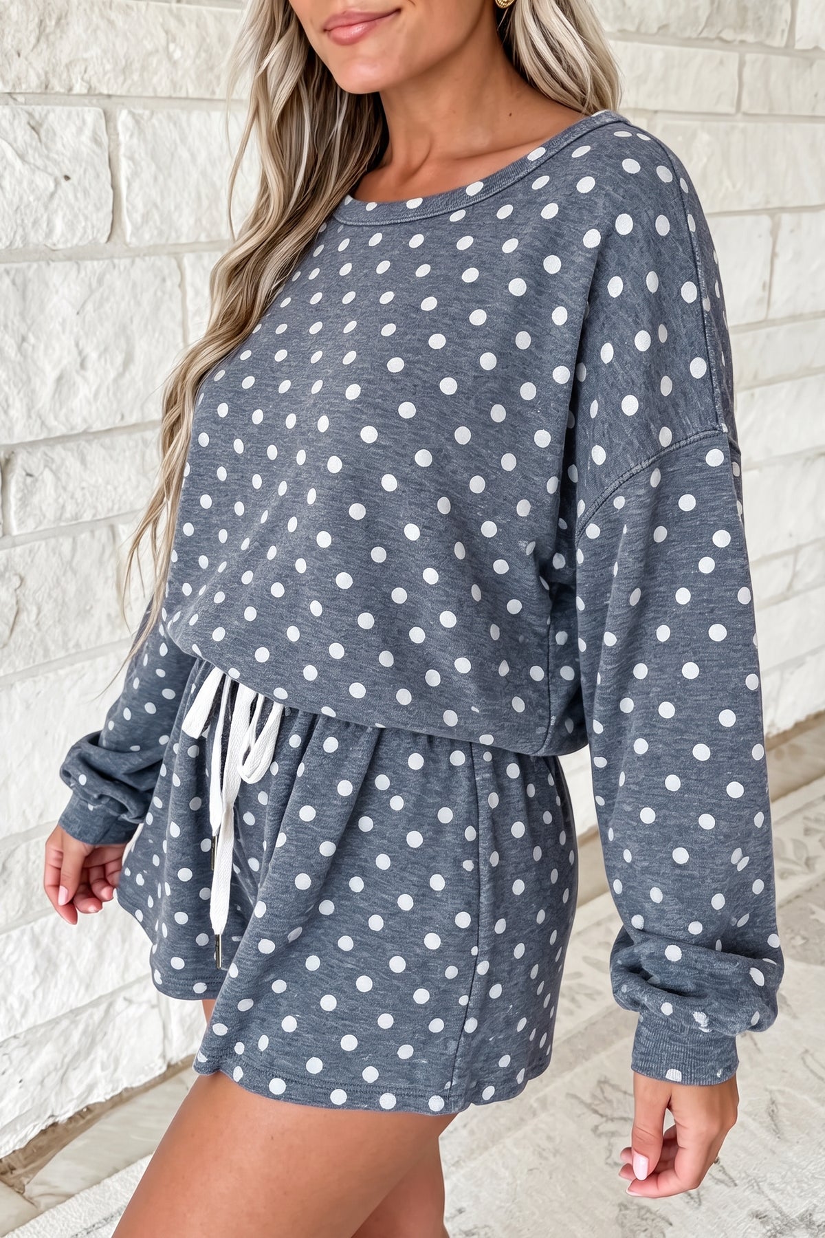 Gray Polka Dot Long Sleeve Top Drawstring Shorts Loose 2pcs Set