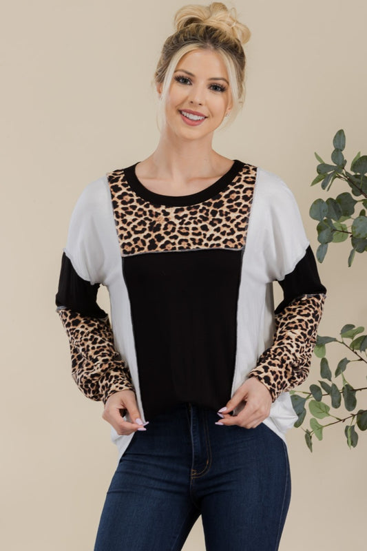 Blue Zone Planet | Celeste Full Size Leopard Color Block Exposed Seam T-Shirt-TOPS / DRESSES-[Adult]-[Female]-Black Leopard-S-2022 Online Blue Zone Planet