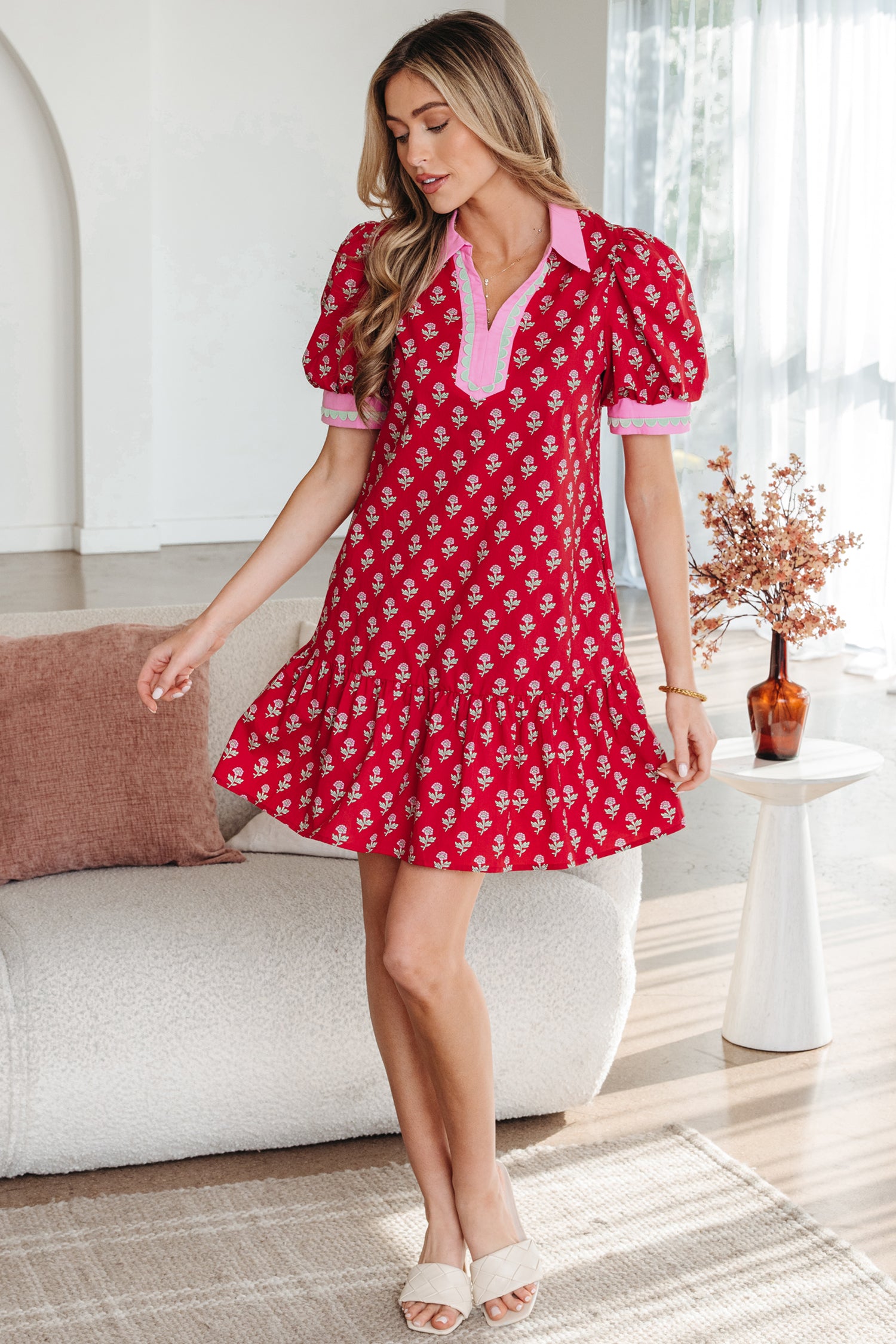 Red Floral Print Contrasted V Neck Short Bubble Sleeve Mini Dress-TOPS / DRESSES-[Adult]-[Female]-2022 Online Blue Zone Planet
