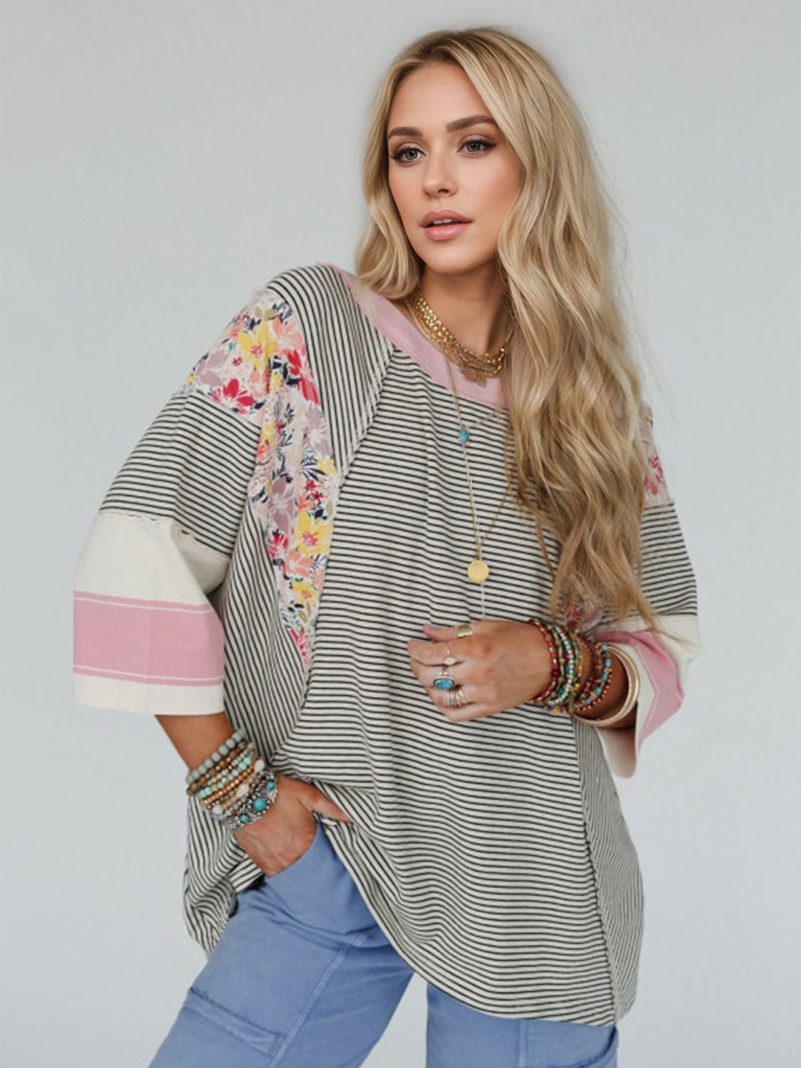 Color Block Printed Three-Quarter Sleeve Top-TOPS / DRESSES-[Adult]-[Female]-2022 Online Blue Zone Planet