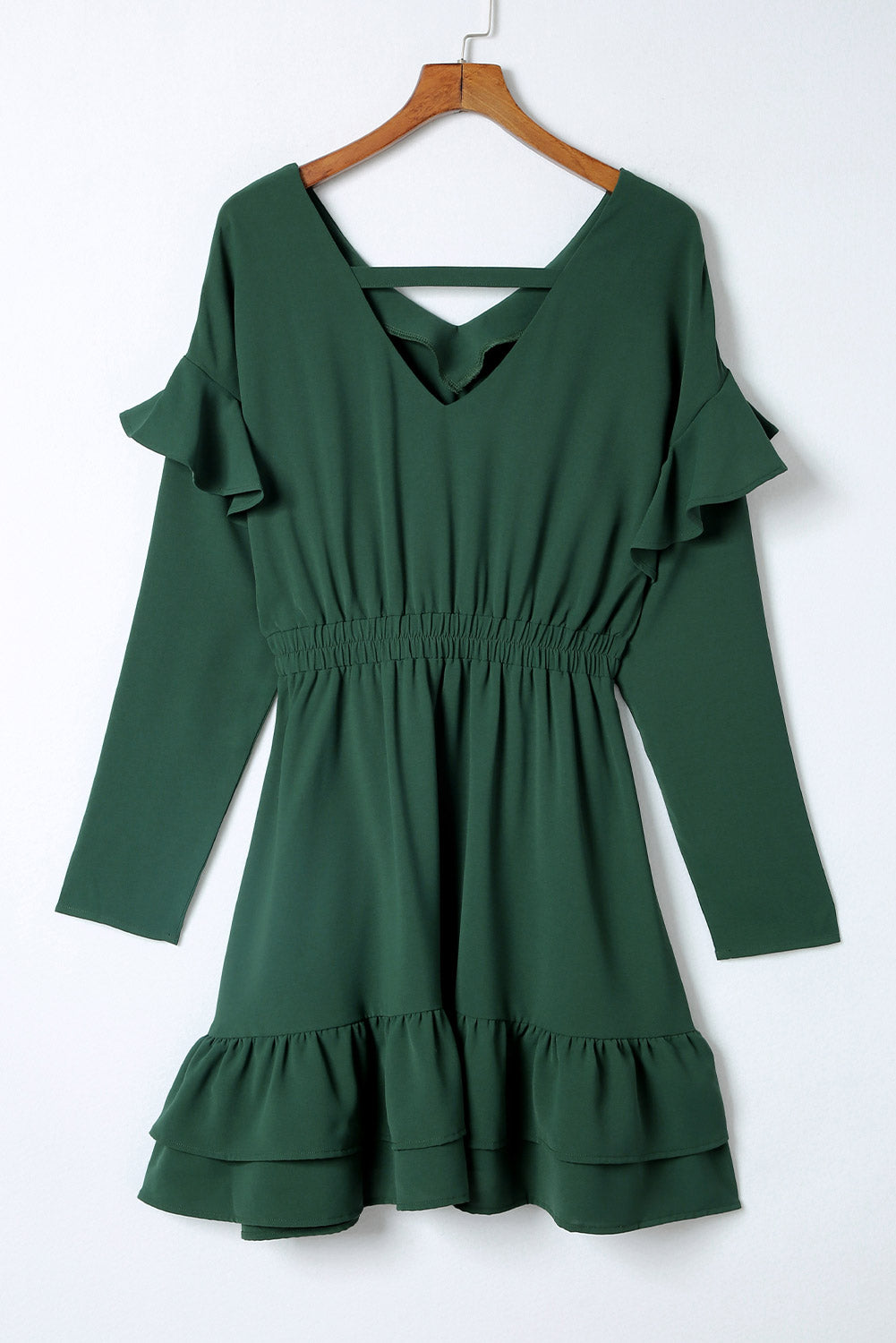 Blue Zone Planet | Green Solid Color Ruffled V Neck High Waist Mini Dress-TOPS / DRESSES-[Adult]-[Female]-2022 Online Blue Zone Planet