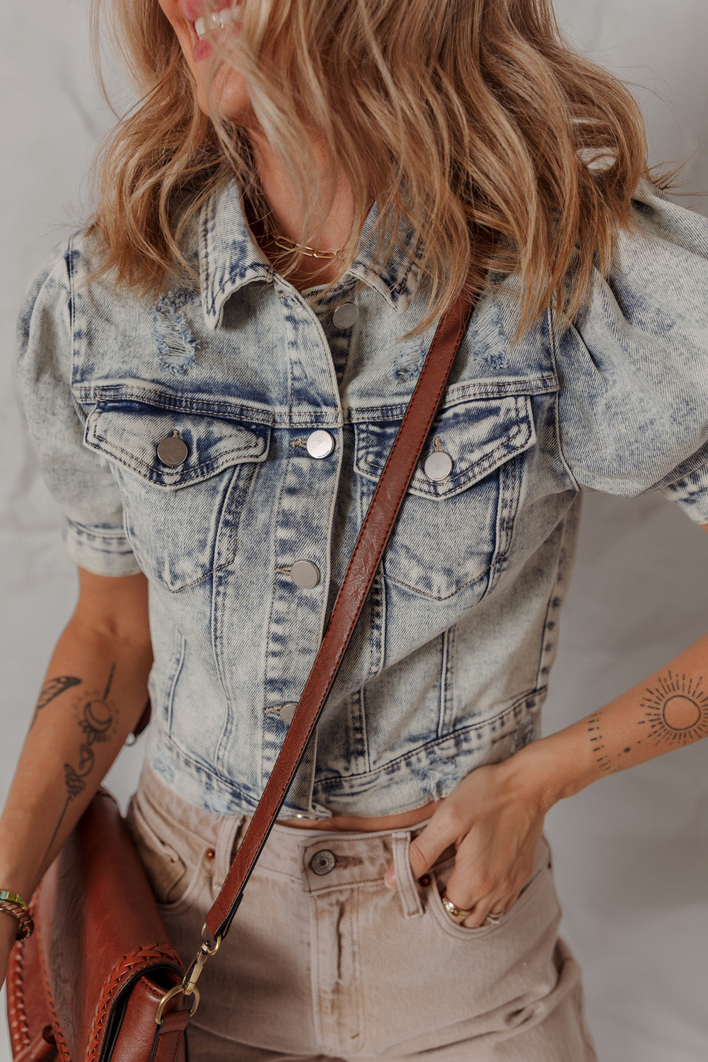 Beau Blue Light Wash Buttoned Chest Pocket Puff Sleeve Denim Jacket-Outerwear/Denim jackets-[Adult]-[Female]-2022 Online Blue Zone Planet