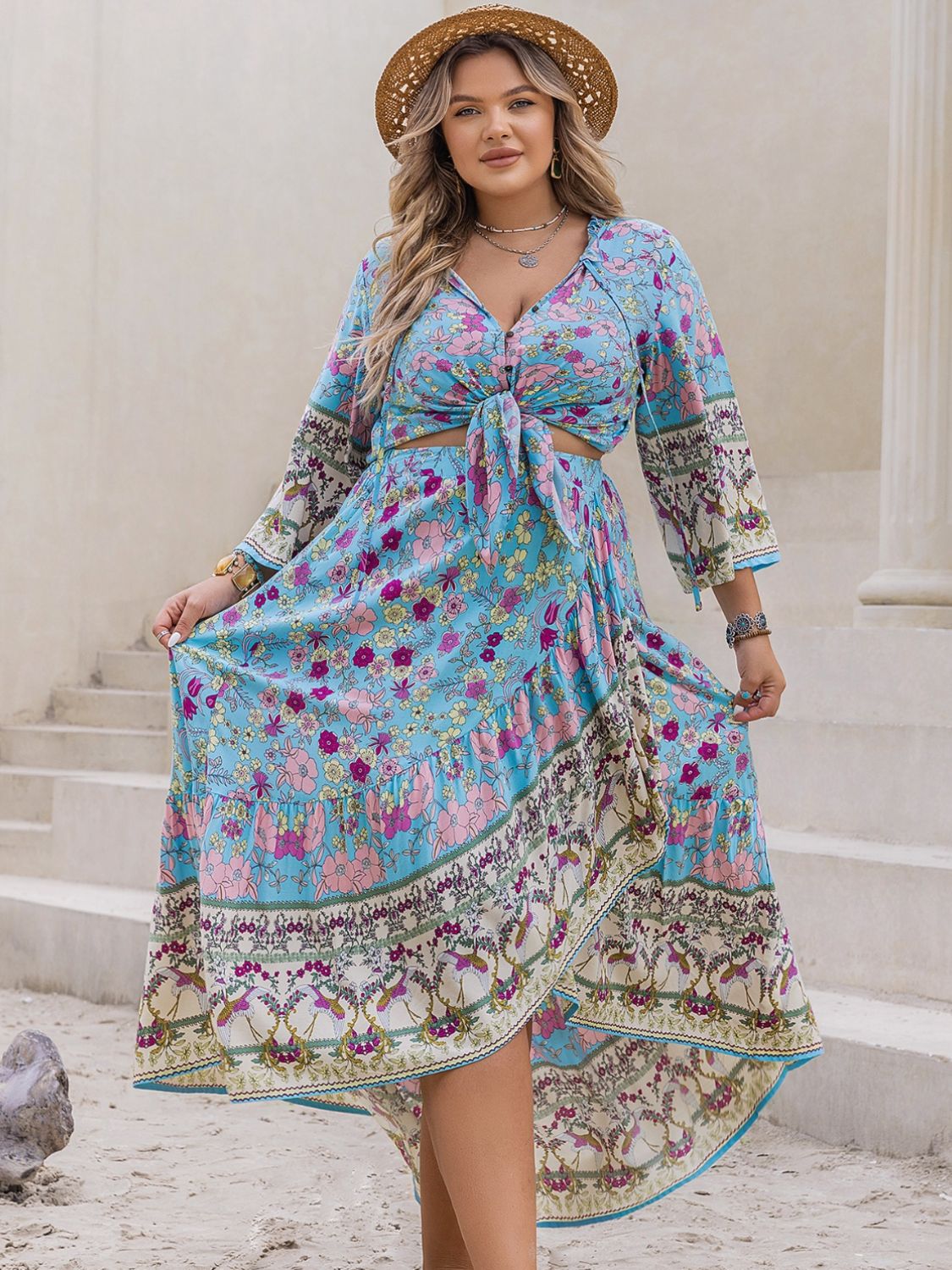 Blue Zone Planet | Plus Size Printed Tie Neck Top and Skirt Set-TOPS / DRESSES-[Adult]-[Female]-2022 Online Blue Zone Planet