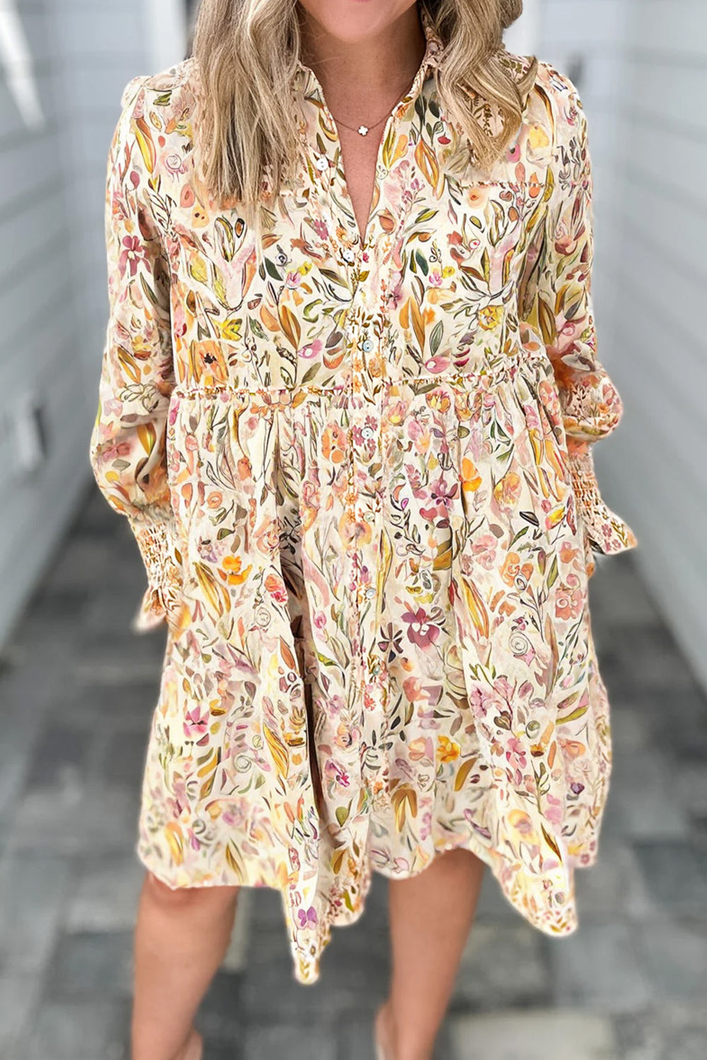 Yellow Floral Print Frilly Trim Smocked Cuff Long Sleeve Loose Shirt Dress-Dresses/Mini Dresses-[Adult]-[Female]-Yellow-S-2022 Online Blue Zone Planet
