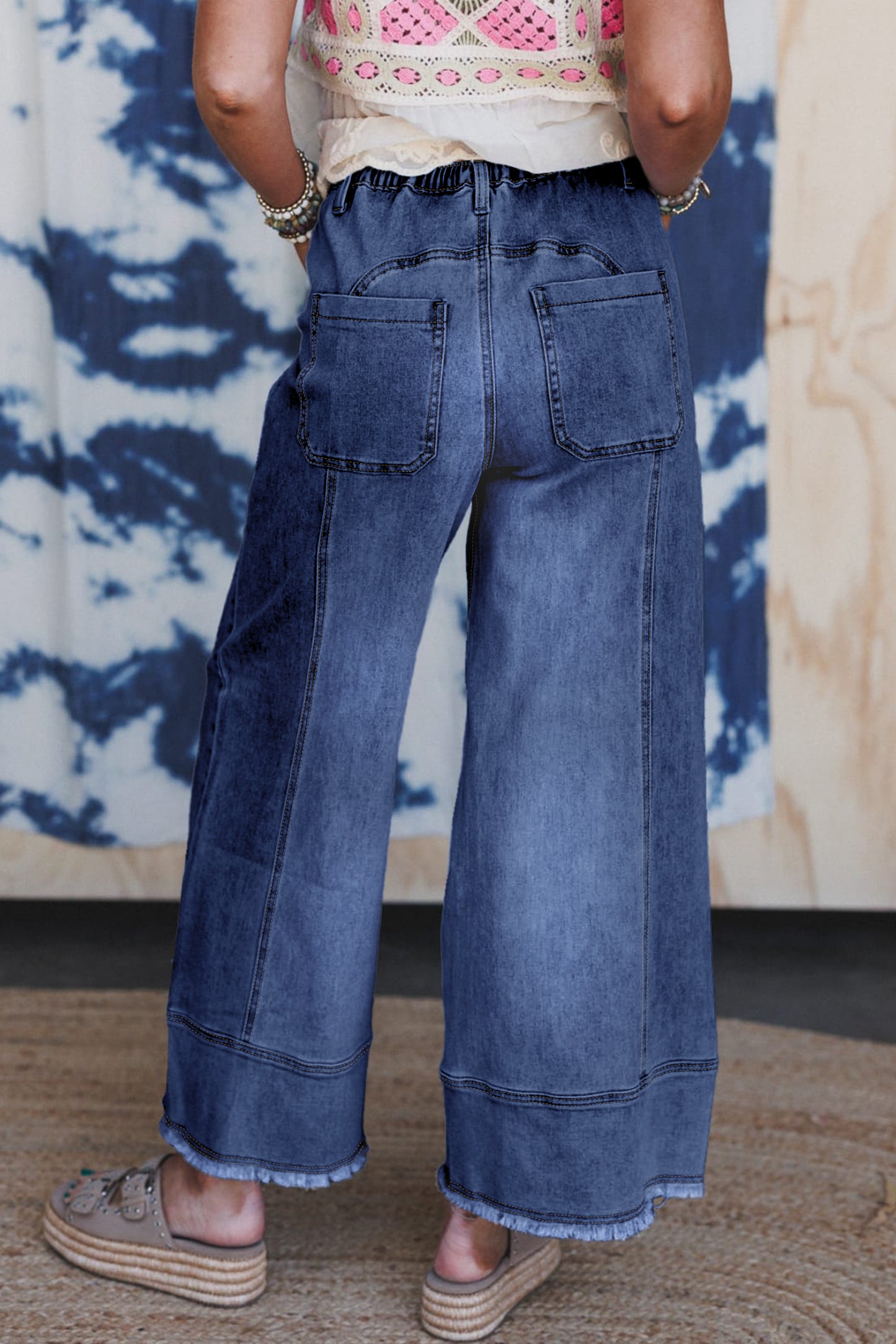Prussian Blue Drawstring Seam Detail Raw Hem Wide Leg Denim Pants-Bottoms/Jeans-[Adult]-[Female]-2022 Online Blue Zone Planet