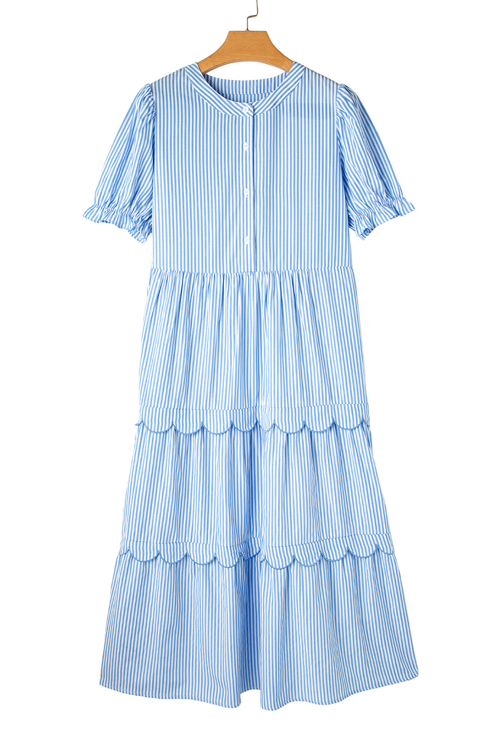 Sky Blue Stripe Bubble Short Sleeve Tiered Scallop Long Dress-TOPS / DRESSES-[Adult]-[Female]-2022 Online Blue Zone Planet