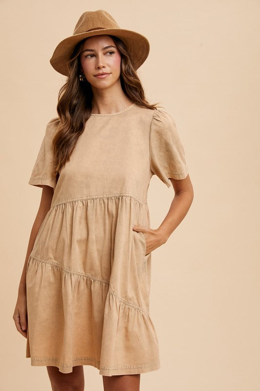 Annie Wear Mineral Washed Round Neck Short Sleeve Denim Dress-TOPS / DRESSES-[Adult]-[Female]-Tan-S-2022 Online Blue Zone Planet