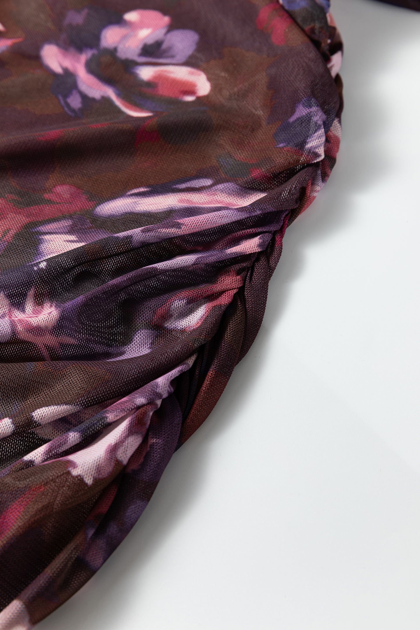 Brown High Neck Ruched Floral Mesh Top-Tops/Long Sleeve Tops-[Adult]-[Female]-2022 Online Blue Zone Planet