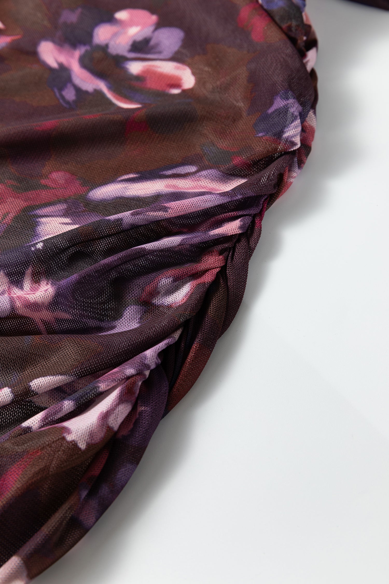 Brown High Neck Ruched Floral Mesh Top-Tops/Long Sleeve Tops-[Adult]-[Female]-2022 Online Blue Zone Planet