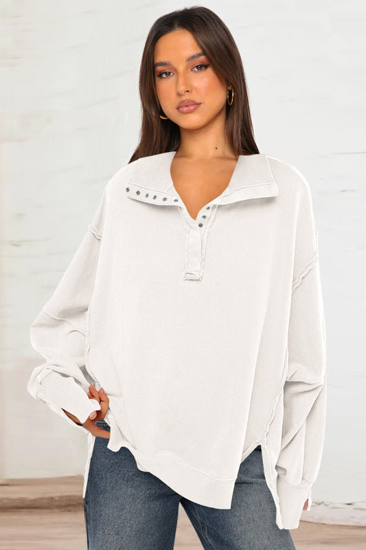 Exposed Seam Side Slit Long Sleeve Sweatshirt-TOPS / DRESSES-[Adult]-[Female]-White-S-2022 Online Blue Zone Planet