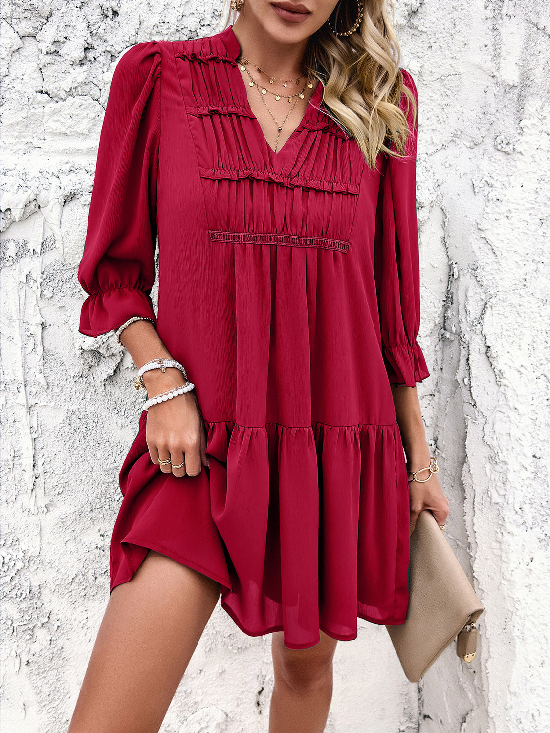 Ruched Notched Flounce Sleeve Dress-TOPS / DRESSES-[Adult]-[Female]-Deep Red-S-2022 Online Blue Zone Planet
