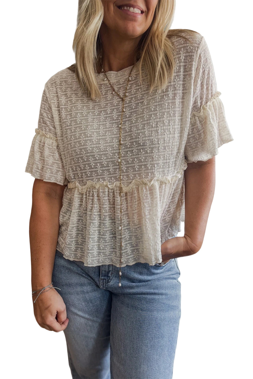 Beige Solid Color Textured Ruffled Short Sleeve Blouse-Tops/Blouses & Shirts-[Adult]-[Female]-2022 Online Blue Zone Planet