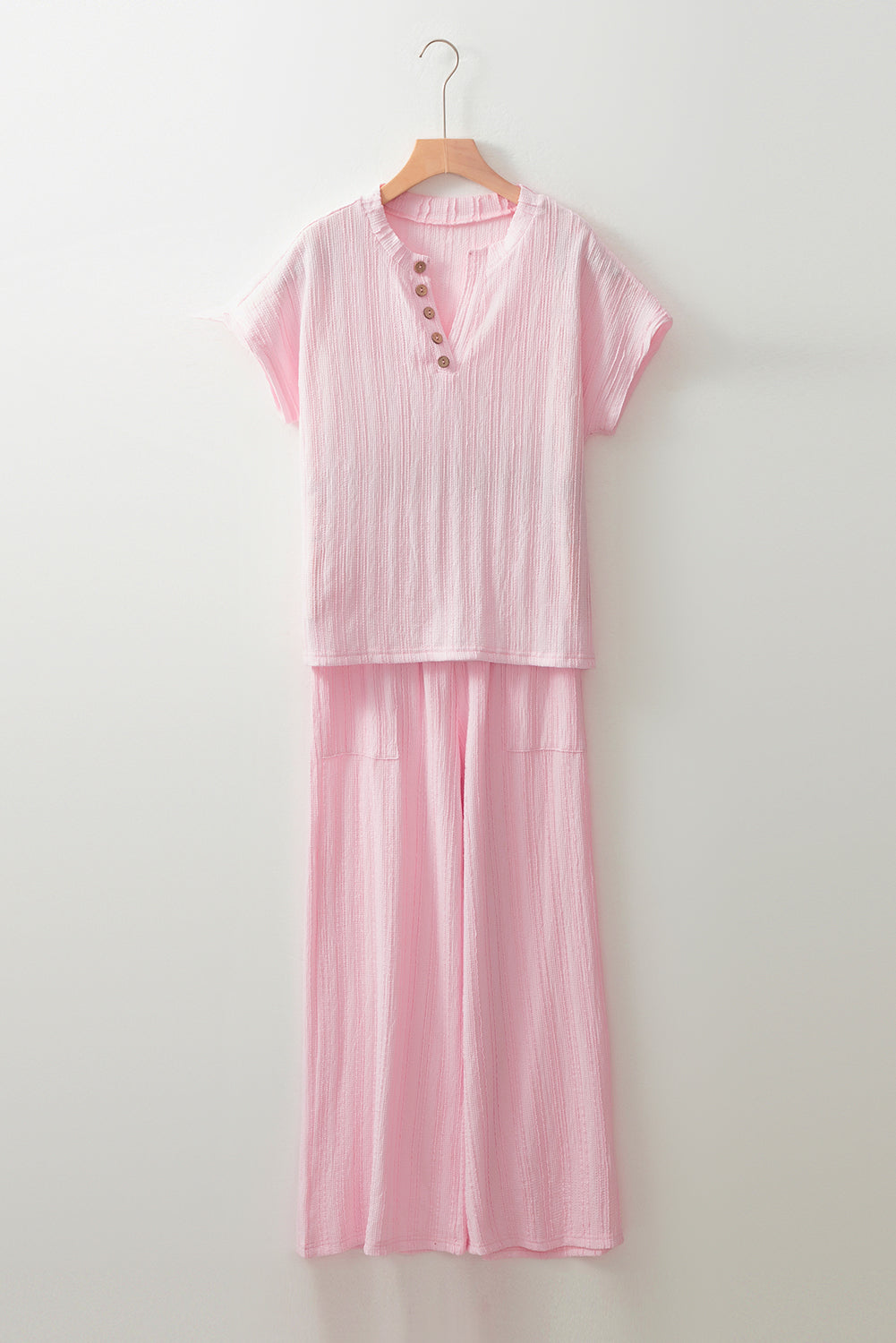 Light Pink Textured Short Sleeve Henley Top and Pocketed Wide Leg Pants-Two Piece Sets/Pant Sets-[Adult]-[Female]-2022 Online Blue Zone Planet