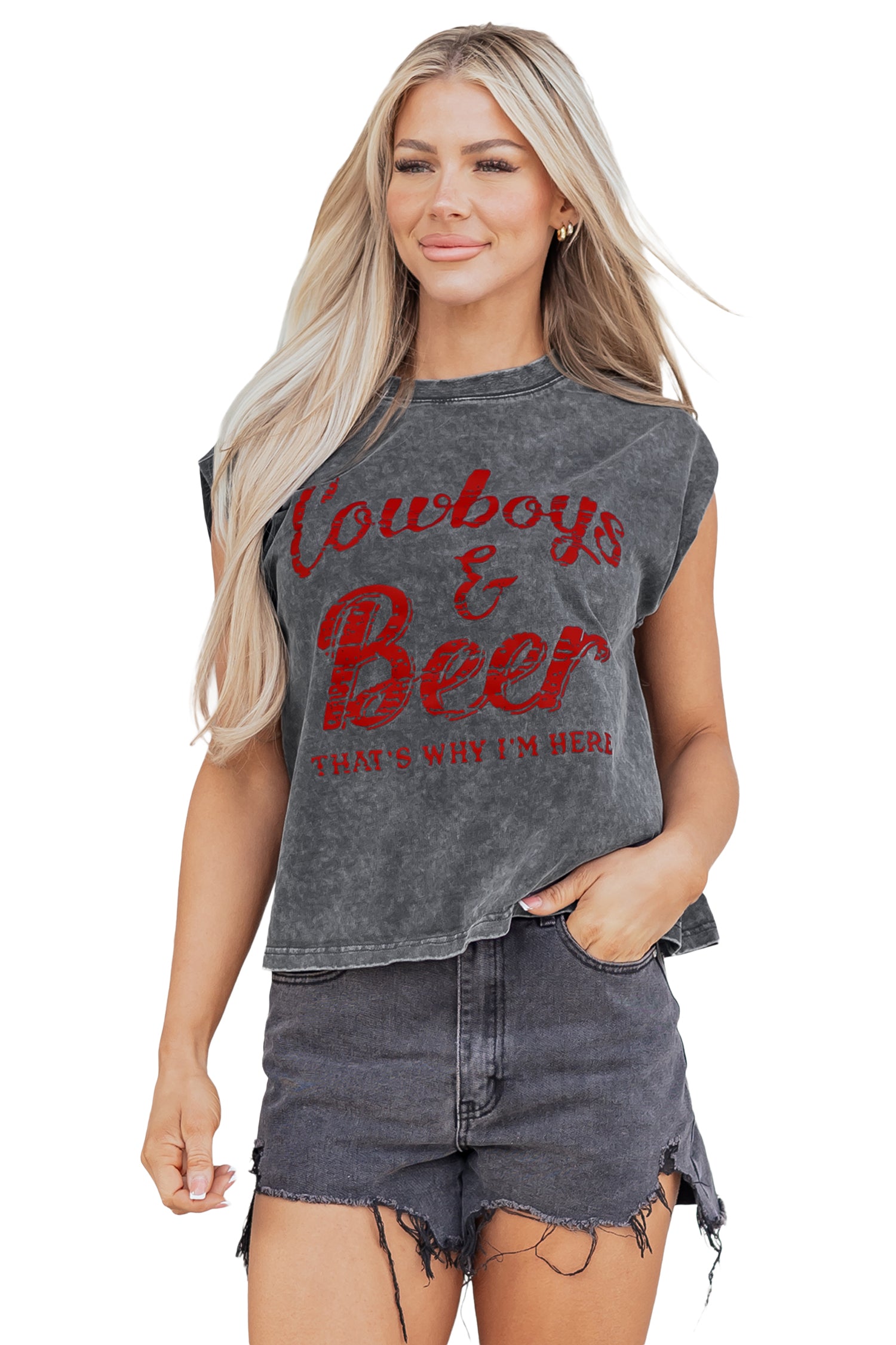 Sleet Cowboy & Beer Western Graphic Mineral Wash Tank Top-Tops/Tank Tops-[Adult]-[Female]-2022 Online Blue Zone Planet