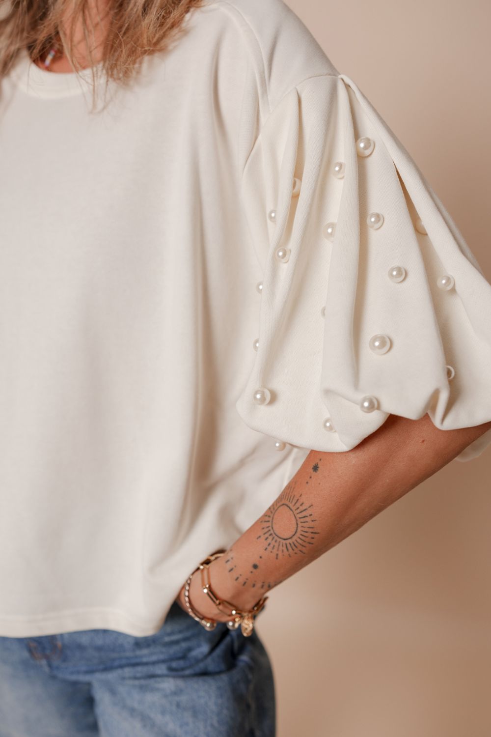 Pearl Detail Round Neck Half Sleeve Blouse-TOPS / DRESSES-[Adult]-[Female]-2022 Online Blue Zone Planet