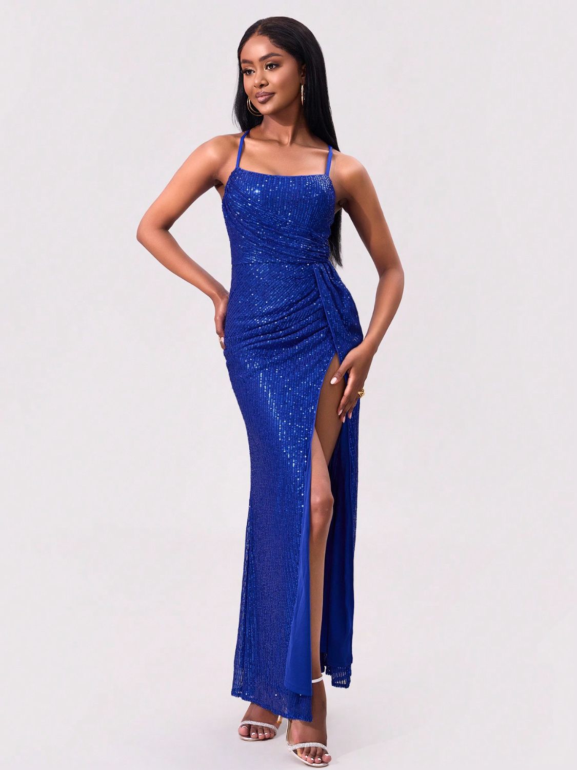 Slit Sequin Square Neck Spaghetti Strap Dress-TOPS / DRESSES-[Adult]-[Female]-2022 Online Blue Zone Planet