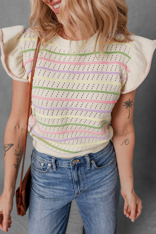 Oatmeal Colorful Striped Eyelet Knit Ruffled Sleeve Sweater T Shirt-Sweaters & Cardigans/Short Sleeve Sweaters-[Adult]-[Female]-2022 Online Blue Zone Planet