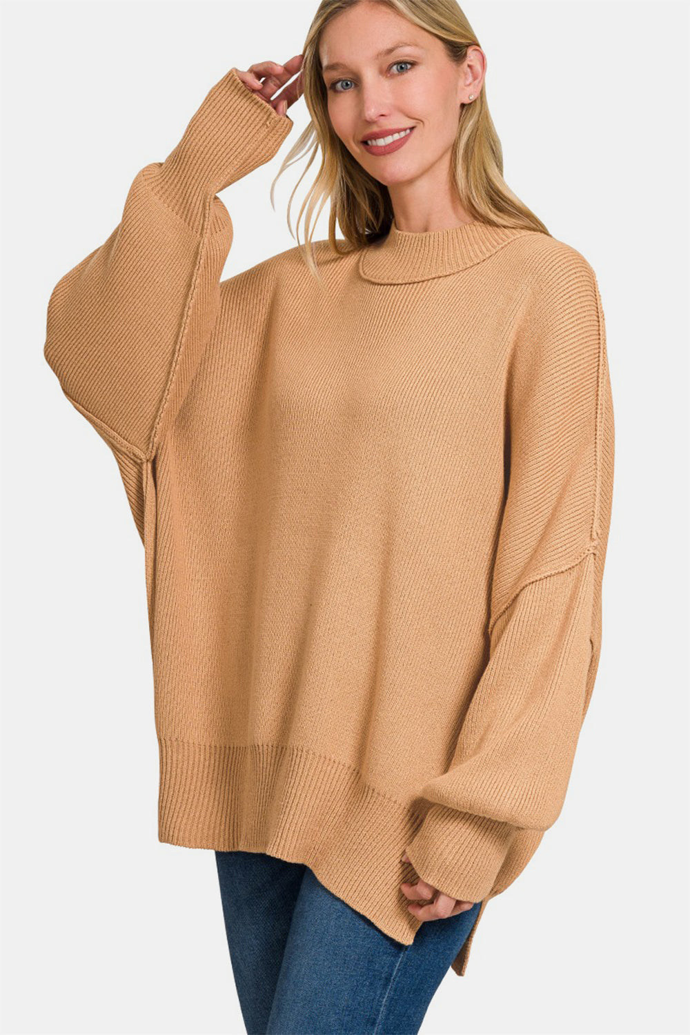 Zenana Side Sit Oversize Sweater-TOPS / DRESSES-[Adult]-[Female]-Dk Brush-S/M-2022 Online Blue Zone Planet